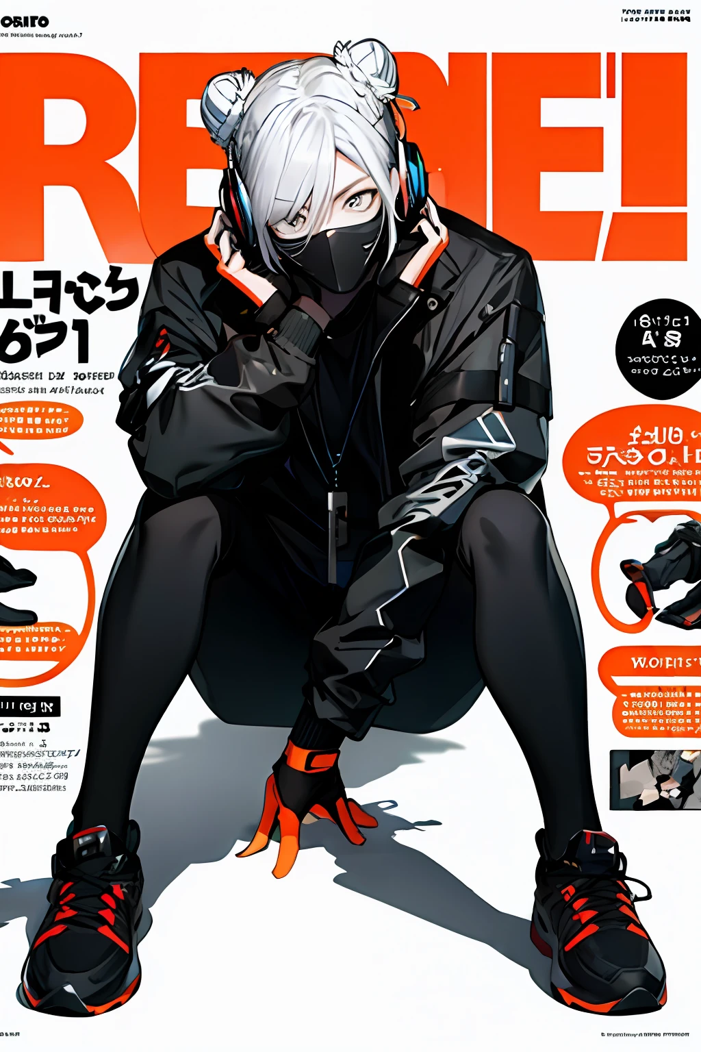 (magazine cover:1.3),ulzzang-6500, (realistic: 1.3) (original: 1.2), masterpiece, best quality, beautiful clean face, fullbody, 1woman, (wearing black and white and cobalt scifi techmask and headphones with complex electronics), wearing black techwear jacket and orange trousers with buckle and tape, (crystal necklace), posing for a picture, (white braided bun hair),