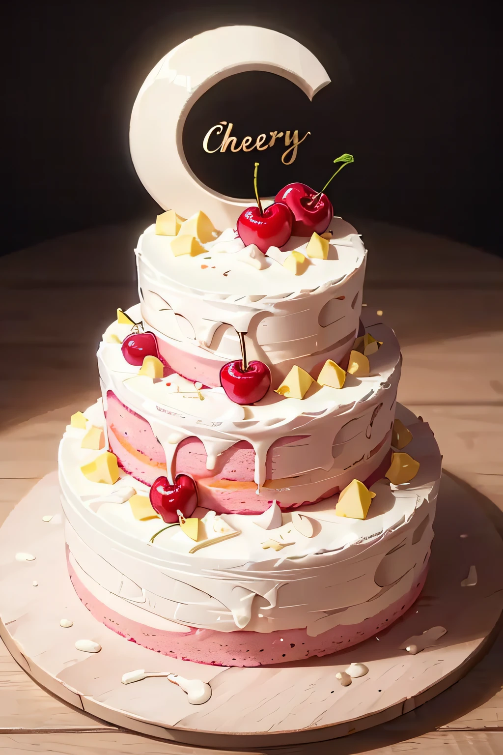 masterpiece, high quality, best quality, pink cream cake, cherry, foodphoto,