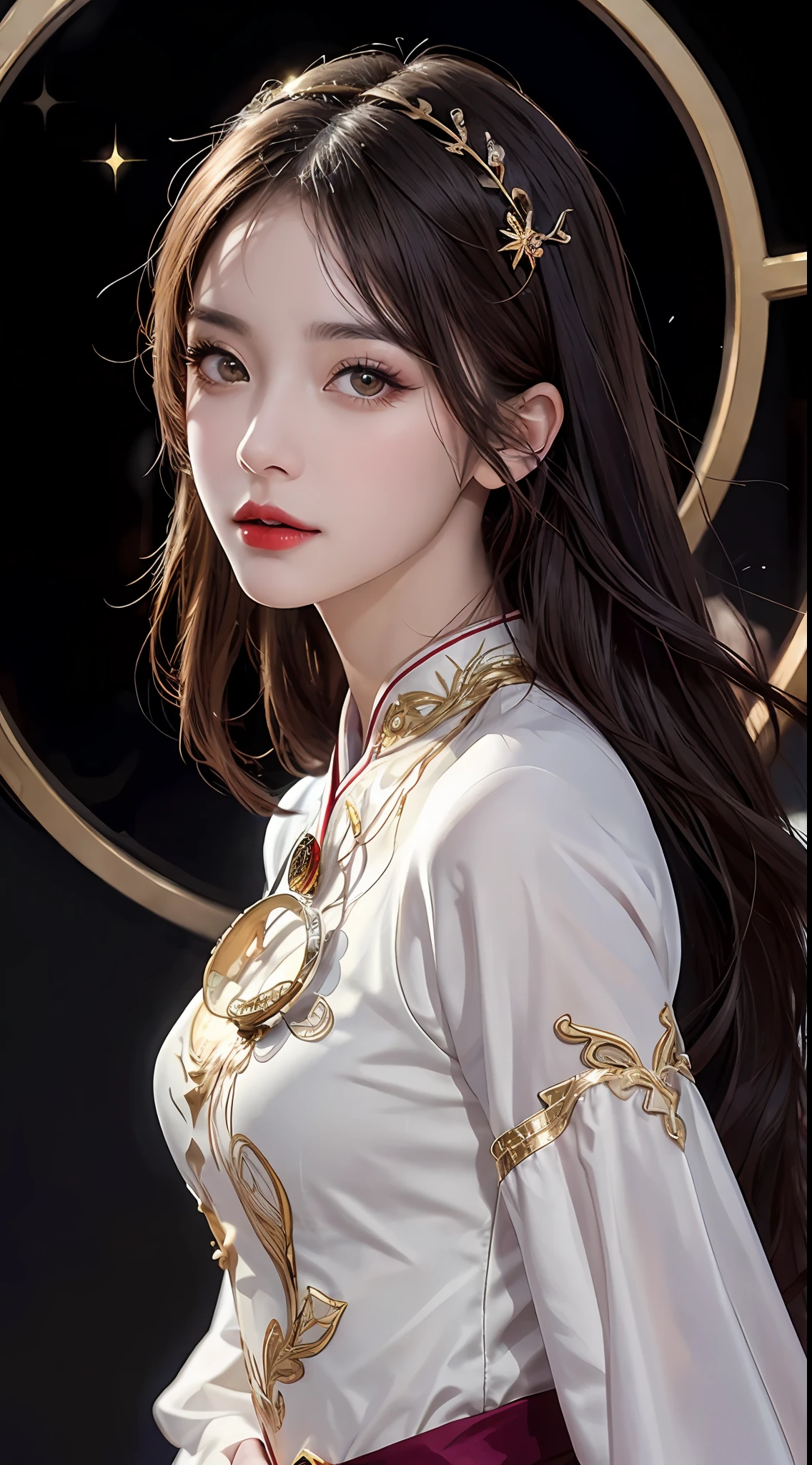 1 27-year-old girl, 1 zodiac goddess from the future, goddess of the pink and purple 12 zodiacs, the goddess of the zodiac in a yellow ao dai, a 12 zodiac ao dai with many black lace detail, mythology Goddess of the 12 zodiacs from the future, zodiac ♏, luxurious glittering zodiac style, dark and mysterious version, zodiac crown, lipstick lips red, thin and beautiful lips, Smile makes viewers fall in love, characters made by karol bak and pino daeni, intricate detail, detailed background, extremely detailed, light magic, a woman, clear face, look at the face of goddess zodialook at the zodiac goddess face, hair long with bangs, beautiful face in detail and well-proportioned eyes, (transparent yellow eyes: 1.8), big round eyes and very beautiful and detailed makeup, foresight, silk dress, mysterious makeup, double bangs and dyed light blonde, uper body, zodiac goddess uper body, arms hanging loosely, Realistic and vivid photo, (stars make up the zodiac: 1.7), (sky background zodiac and fictitious space and time portal: 1.8), fiction art, RAW photo, hanfu picture, best photo, best photo quality, 8k quality, 8k ultra, super realistic, real photo most economical, artistic portrait of goddess zodiac,