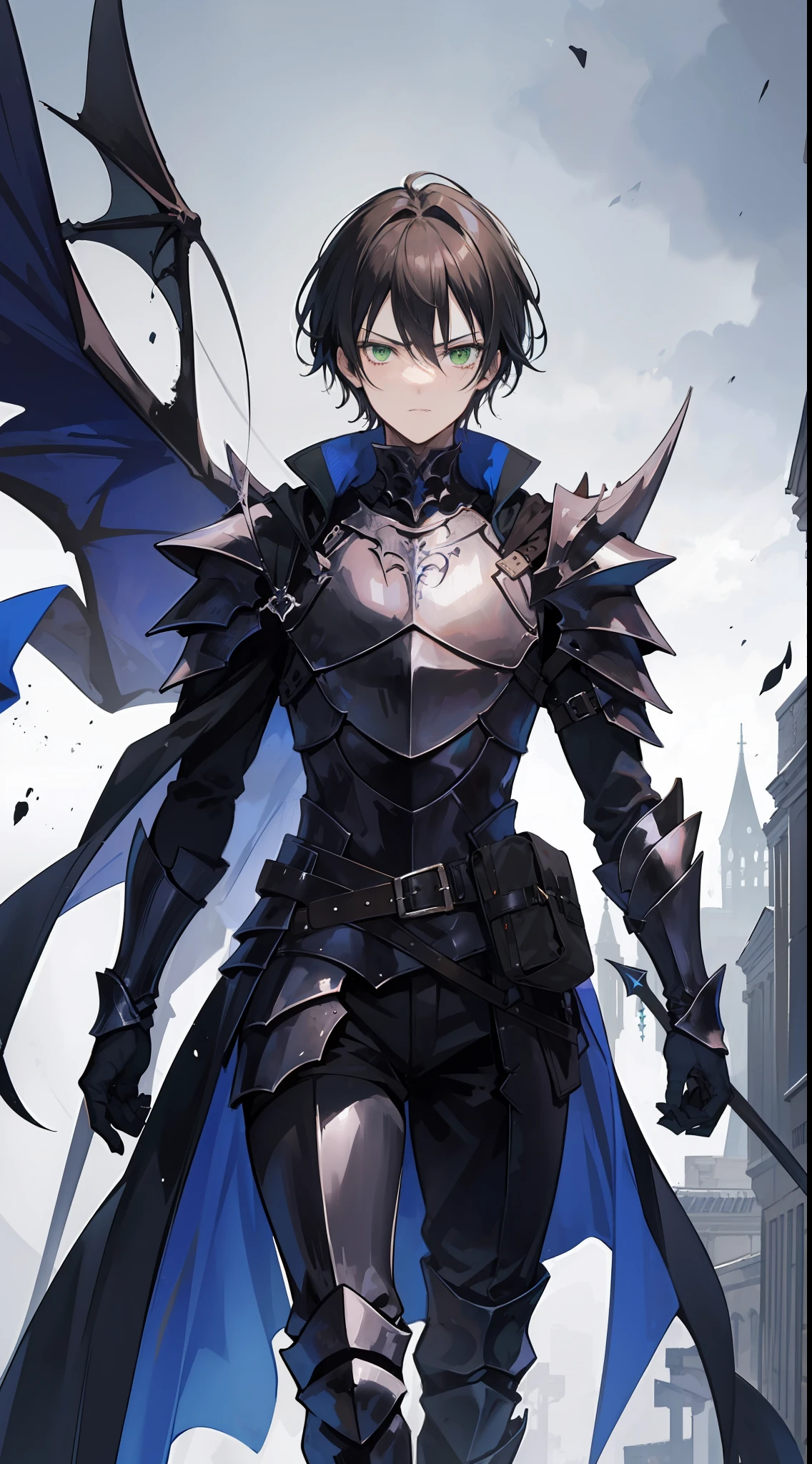 1male, Fallen Knight, looks like a knight with dark hair, charming green eyes, wears a dark knight armor, he is a servant of demon lord, scary stare.