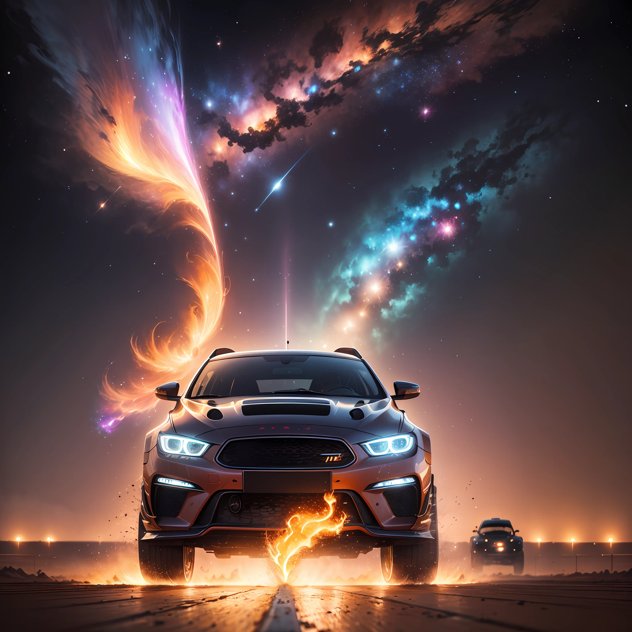 Magical power is infused into the car's engine, giving it extraordinary abilities. In the vastness of space, racers race between planets in the galaxy. The racing track is covered in interstellar dust, and every turn requires accurate anticipation and precise maneuvering. As the cars sped by, their tail flames formed a beautiful nebula, as if fairies were streaking across the night sky.
,masterpiece, best quality,8k, ultra highres, --auto