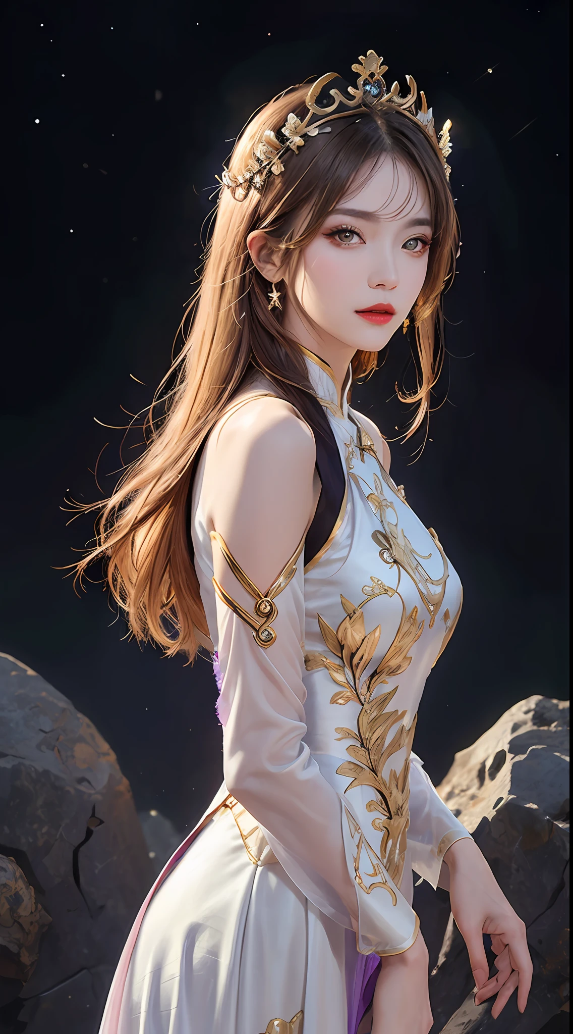 1 27-year-old girl, 1 zodiac goddess from the future, goddess of the pink and purple 12 zodiacs, the goddess of the zodiac in a yellow ao dai, a 12 zodiac ao dai with many black lace detail, mythology Goddess of the 12 zodiacs from the future, zodiac ♏, luxurious glittering zodiac style, dark and mysterious version, zodiac crown, lipstick lips red, thin and beautiful lips, Smile makes viewers fall in love, characters made by karol bak and pino daeni, intricate detail, detailed background, extremely detailed, light magic, a woman, clear face, look at the face of goddess zodialook at the zodiac goddess face, hair long with bangs, beautiful face in detail and well-proportioned eyes, (transparent yellow eyes: 1.8), big round eyes and very beautiful and detailed makeup, foresight, silk dress, mysterious makeup, double bangs and dyed light blonde, uper body, zodiac goddess uper body, arms hanging loosely, Realistic and vivid photo, (stars make up the zodiac: 1.7), (sky background zodiac and fictitious space and time portal: 1.8), fiction art, RAW photo, hanfu picture, best photo, best photo quality, 8k quality, 8k ultra, super realistic, real photo most economical, artistic portrait of goddess zodiac,