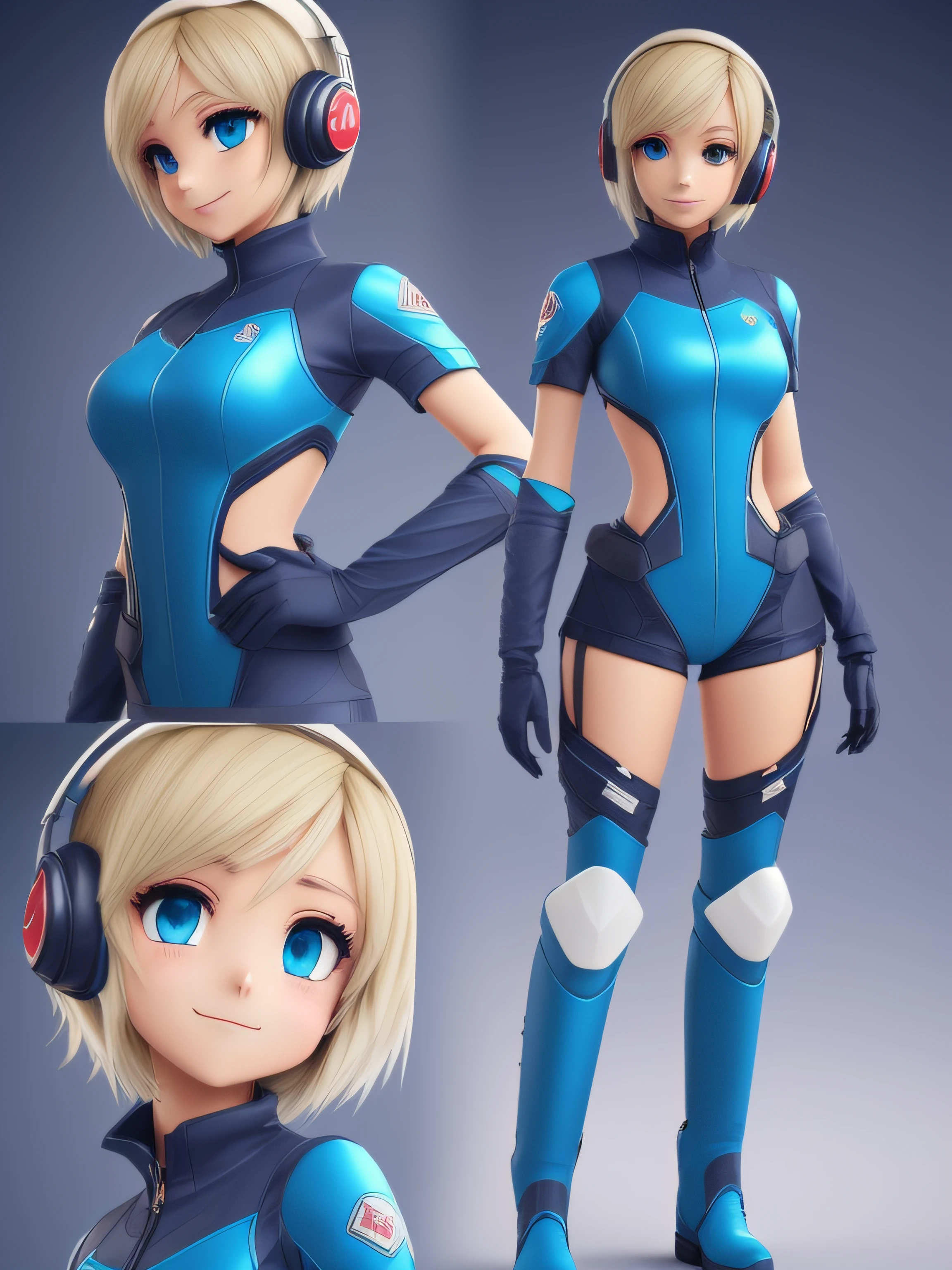 Full body, young girl, cartoon character blue color costume, (((cold expression and tired eyes)), ((short blonde hair)), (blue eyes), stylized character, animated character, stylized 3d render, 3d character, highly detailed character, stylized anime, stylized 3D, render character, character model, ( highest quality), flight suit of metallic blue color, tight-fitting clothes, clothes that cover the whole body, light smile, beauty, slim body, exoskeleton, heroine, headset, long boots, gloves,