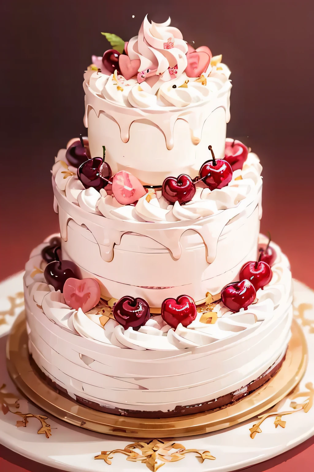 masterpiece, high quality, best quality, pink cream cake, cherry, foodphoto,