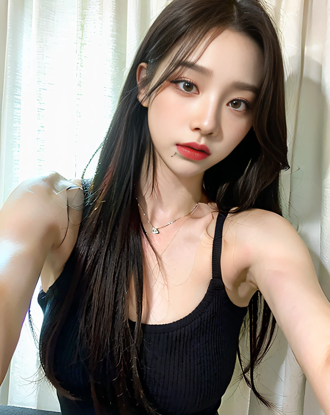 No necklace, long eyeshadow, beautiful Korean woman, pretty face, big, beautiful eyes, pitch black hair