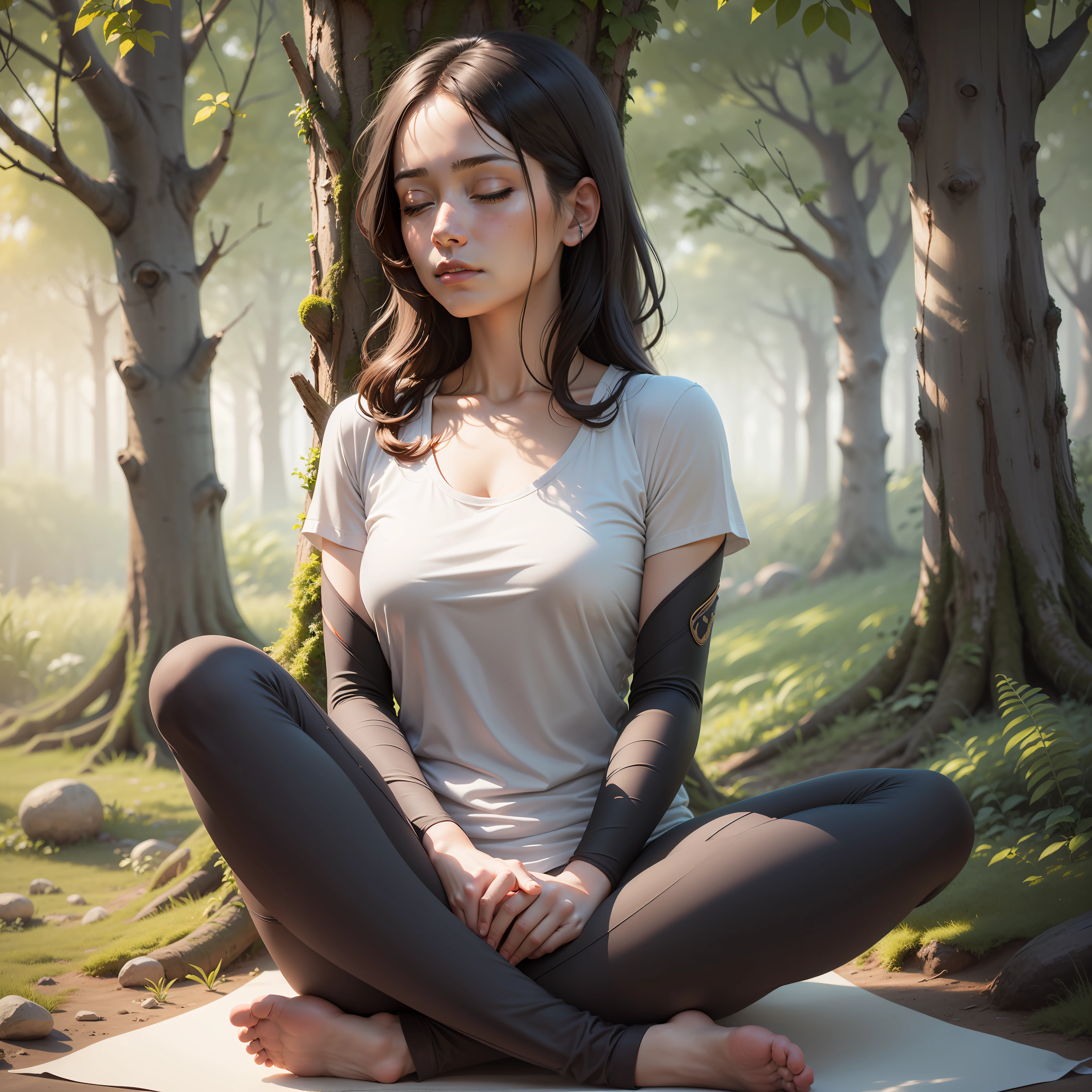 A person sitting under the tree doing meditation in yoga style, hyperealistic, 8k rendering,