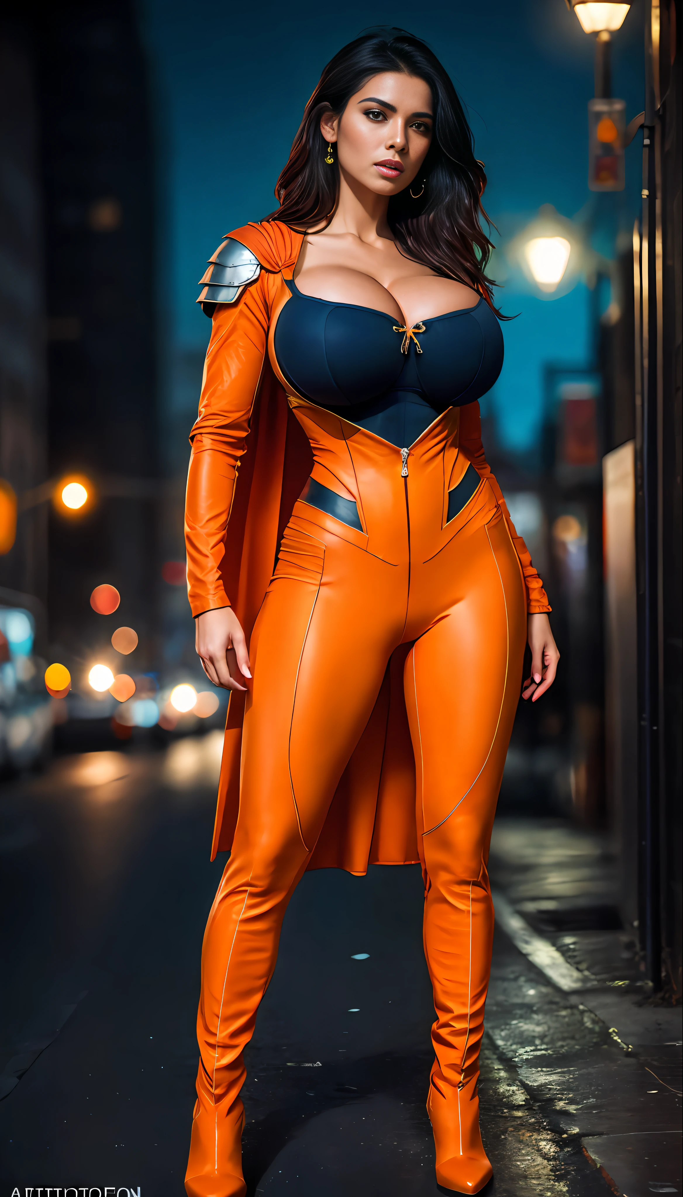 Full body, Sexy mature Indian superhero girl, ((enormous fake breasts:3. cleavage:2, thin waist, thick legs)), ((tight orange superhero suit, armored)), ((high heeled boots)), action pose in a dystopian city street, (evening), photorealistic, photo, masterpiece, realistic, realism, photorealism, high contrast, photorealistic digital art trending on Artstation 8k HD high definition detailed realistic, detailed, skin texture, hyper detailed, realistic skin texture, best quality, ultra high res, (photorealistic:1.4),, high resolution, detailed, raw photo, sharp re, by lee jeffries nikon d850 film stock photograph 4 kodak portra 400 camera f1.6 lens rich colors hyper realistic lifelike texture dramatic lighting unrealengine trending on artstation cinestill 800,