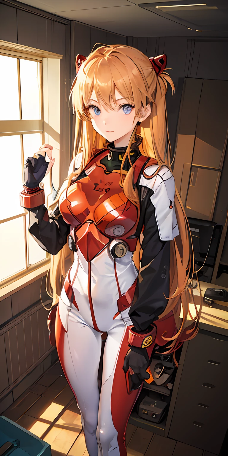(Overhead view),dynamic angle,ultra-detailed, illustration, close-up, straight on, 1girl, 
 ((souryuu asuka langley, interface headset, red bodysuit:1.4, blonde)),Her eyes shone like dreamy stars,(glowing eyes:1.233),(beautiful and detailed eyes:1.1),(expressionless,closed mouth),(standing), 
(mechanic room with toolsand spaceship windowin a white SPACESHIP),
(night:1.2),dreamy, [[delicate fingers and hands:0.55]::0.85],(detail fingers),