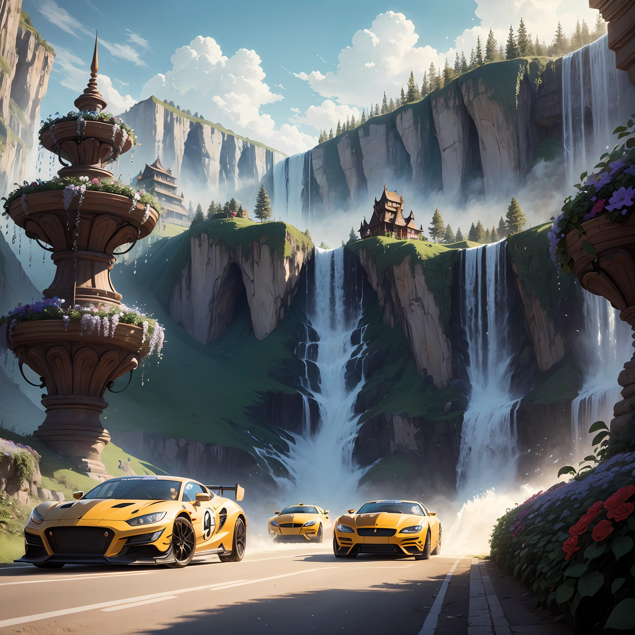 In a magical fantasy world, racers drive magical cars that can accelerate instantaneously, and the competition venue is a huge floating island. The track is surrounded by floating crystal pillars and flowing waterfalls, and every turn requires racers to unleash powerful magical powers to steer the car. As they pass through the waterfall curtain at an astonishing speed, the air around them is filled with the scent of flowers and mysterious magical energy, making them feel an otherworldly and wonderful experience.
,masterpiece, best quality,8k, ultra highres, --auto