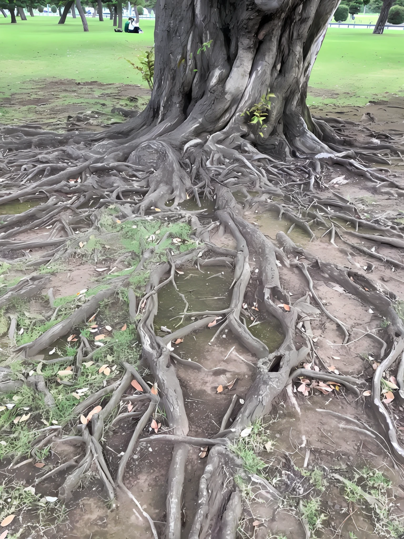 Close-up of a tree with many roots in the park, tree roots, buttress tree roots, complex roots, root system, winding thin roots, roots hanging down, buttress tree roots, mesh roots. close-up with roots, tall root tree background, root lineage, roots, twisted trunk, old tree, tree growing on the body, breath, power