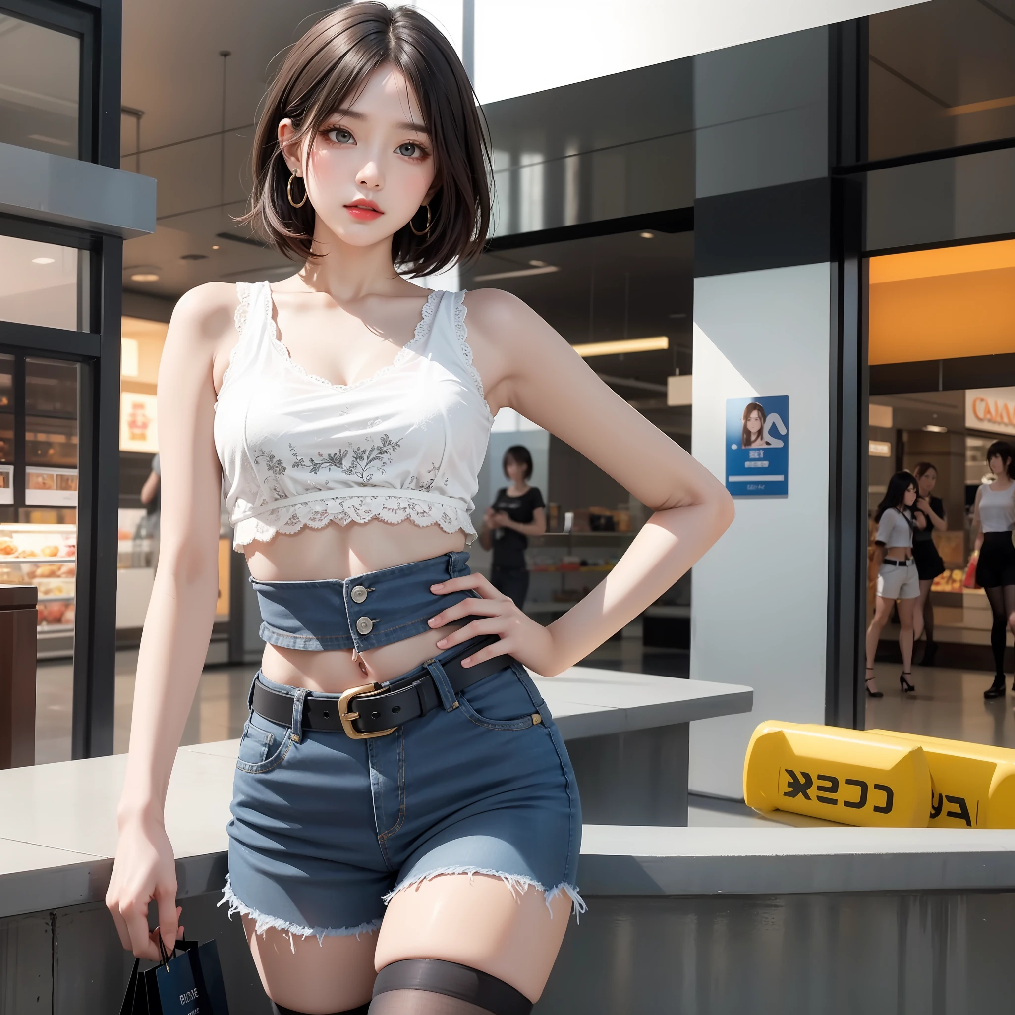 Urban beauty, masterpiece, light makeup, red lips, short hair, shopping mall background, beautiful, elegant. Ultra-fine details, master works, real texture, cinematic lighting realism, perfect works, 8k, high definition, exquisite facial features. The upper body is wearing an elastic sports crop top, and the exposed small man's waist looks white and clean. The lower body is wearing denim shorts lace, a beautiful belt, sexy tights, and the S-shaped curved body looks very smooth. Slim figure, pear-shaped body, rounded hips, slender small man's waist, sexy chest, vest line, collarbone, bright big eyes, smooth skin, earrings, tattoos, slender long legs. Deep in the human, cat cherry lips. Perfect waist-hip ratio