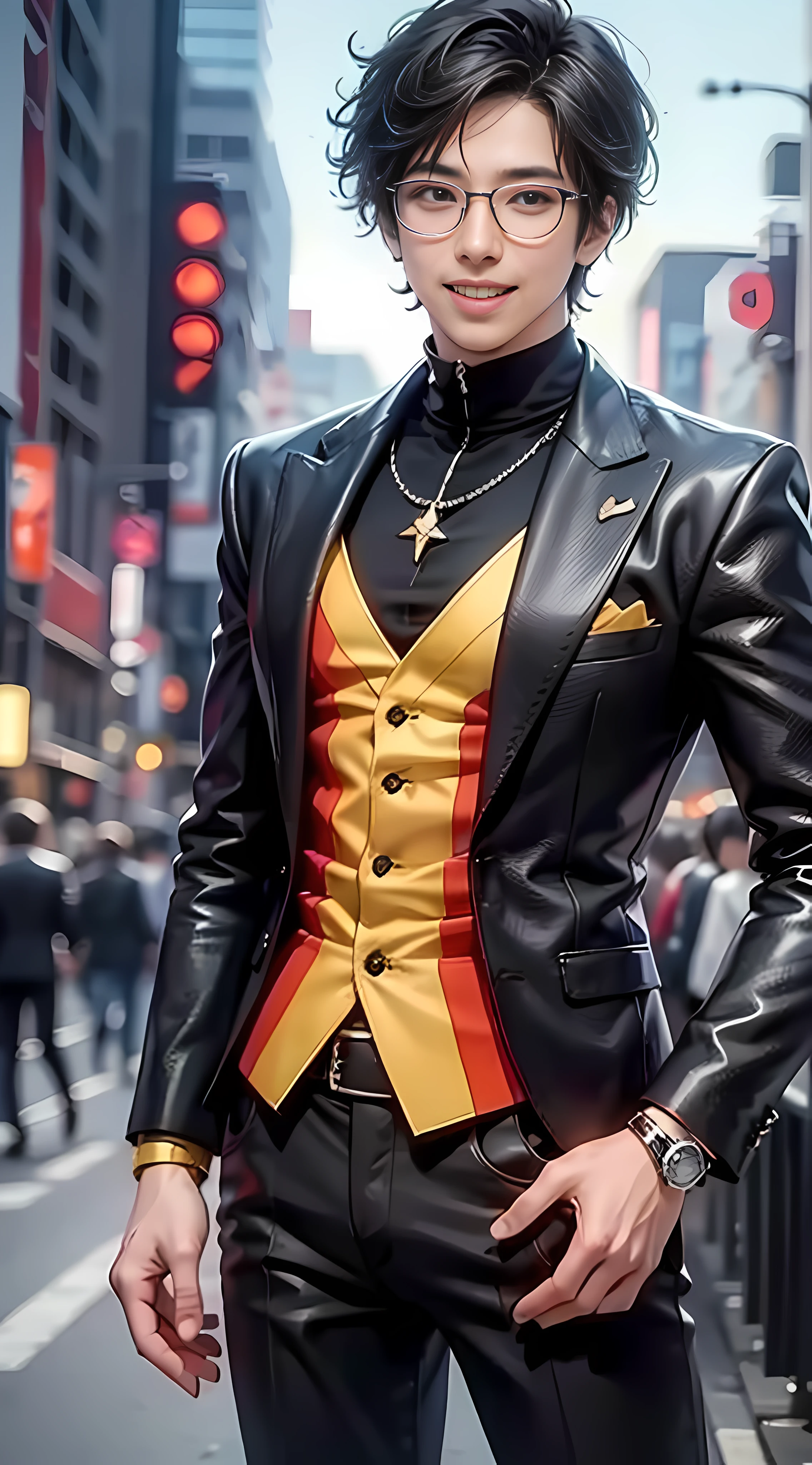 Best quality, 8K, Don't Leak Fingers, 1 Boy, Handsome, Upper body, Black Suit, Black Hair, Glasses, Tokyo City Background, Smile, Don't Leak Teeth, KDA, Solo,
