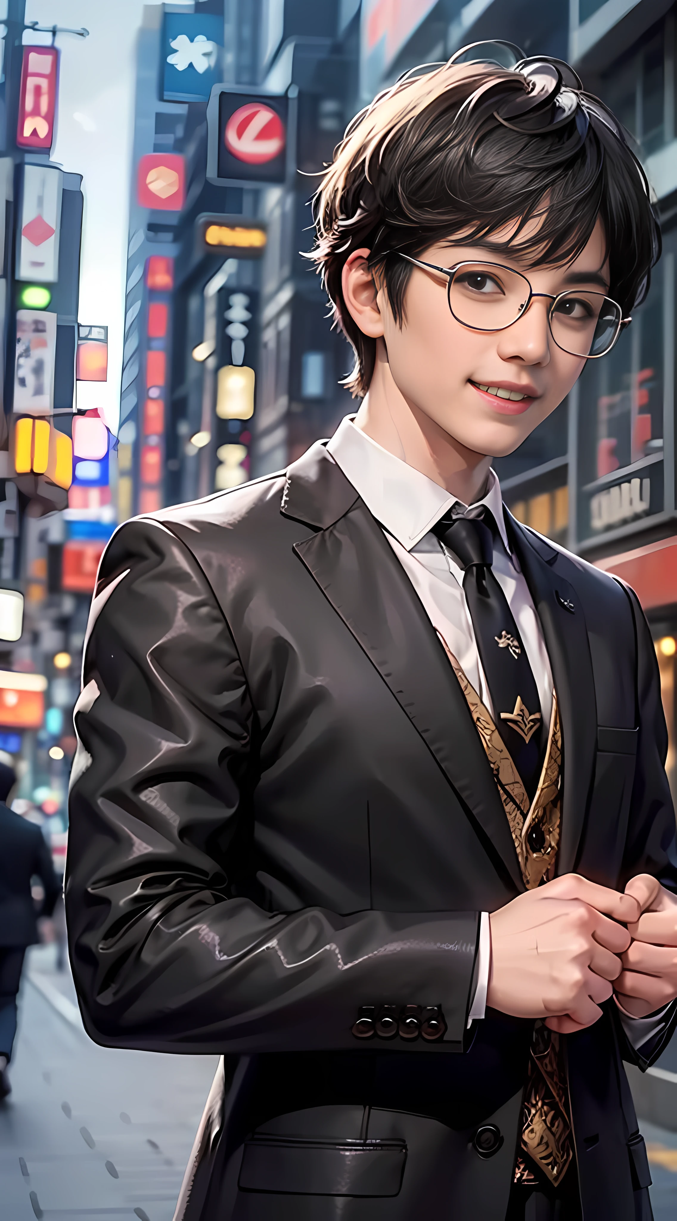 Best quality, 8K, Don't Leak Fingers, 1 Boy, Handsome, Upper body, Black Suit, Black Hair, Glasses, Tokyo City Background, Smile, Don't Leak Teeth, KDA, Solo,