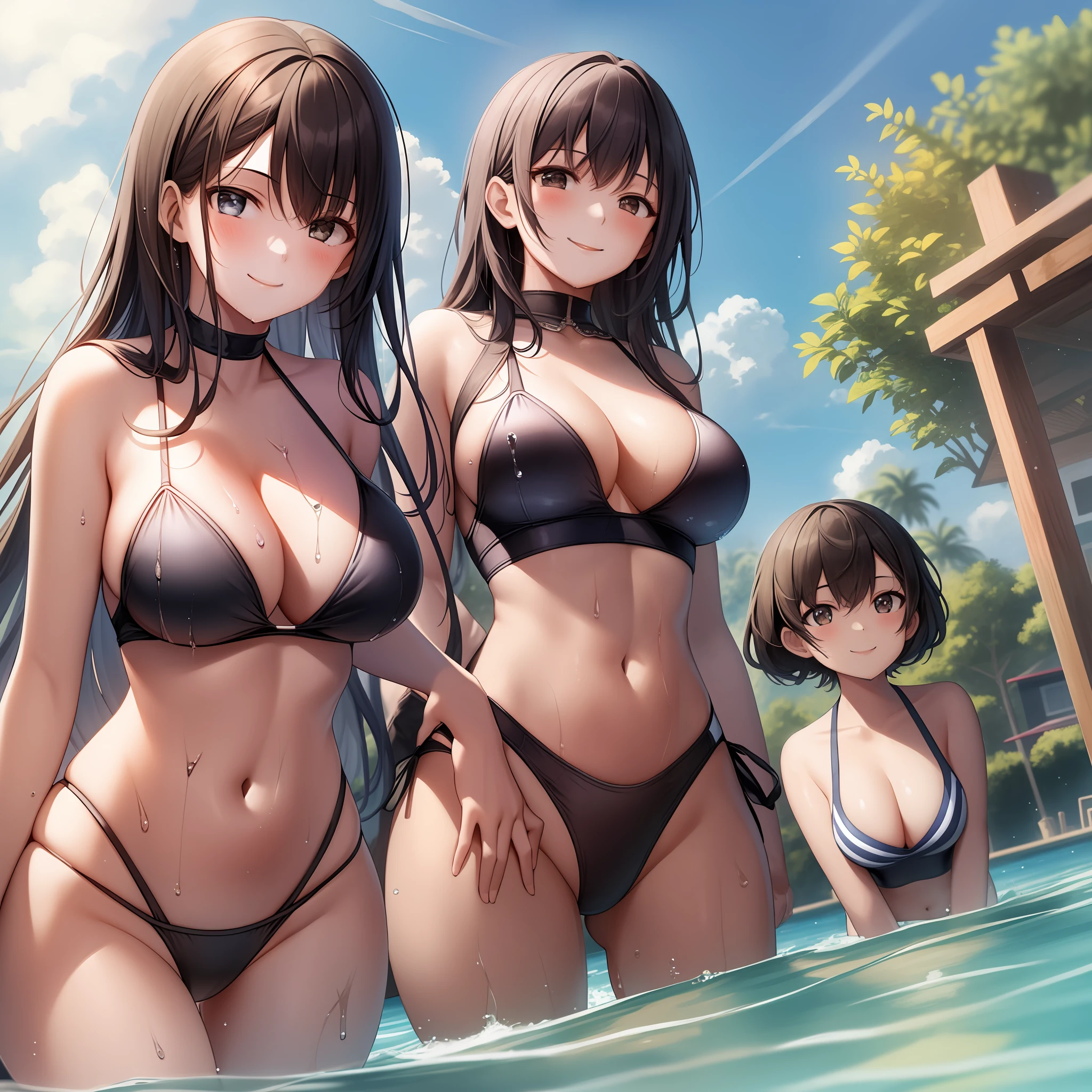 masterpiece, high image quality, high quality, detail, three girls, huge breasts, thin swimsuit, small swimsuit, wet, copious, back hand, long hair, slouch, smile,