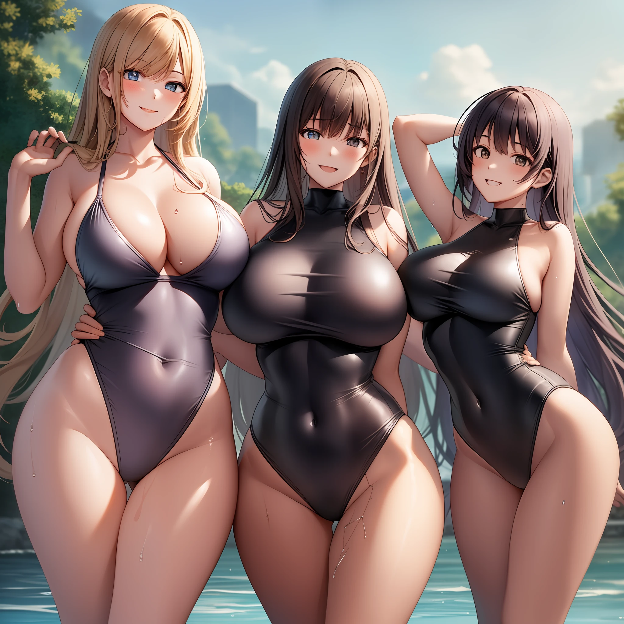 masterpiece, high image quality, high quality, detail, three girls, huge breasts, thin swimsuit, small swimsuit, wet, copious, back hand, long hair, slouch, smile,
