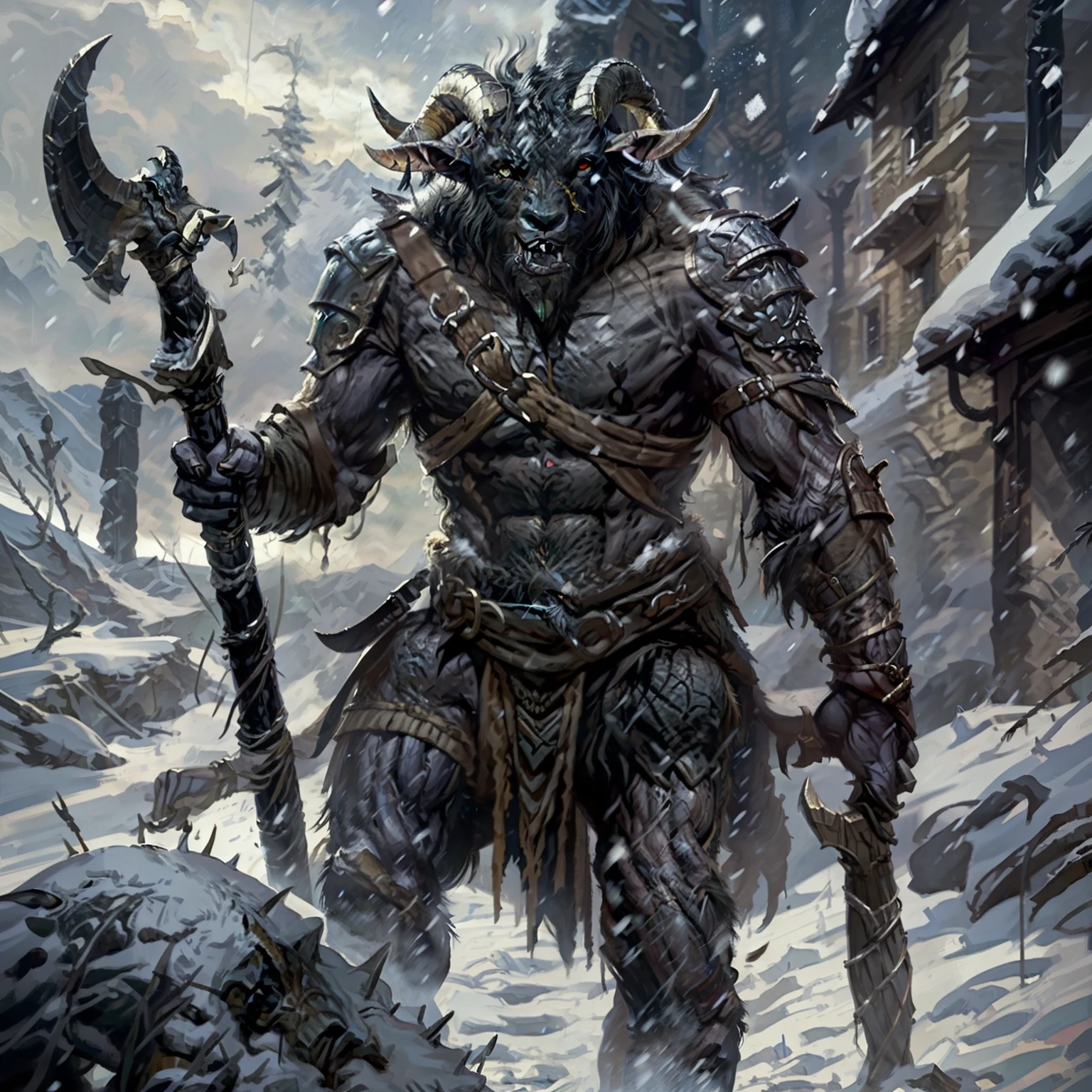 An evil creature, with goat face, evil face, black goat, villain, strong, large, holding an ordinary spear, sample chest, breastplate, armor on the arms and legs, half man, half goat, dirty, dark, with details, standing, in the snow, orc-like, dark, detailed