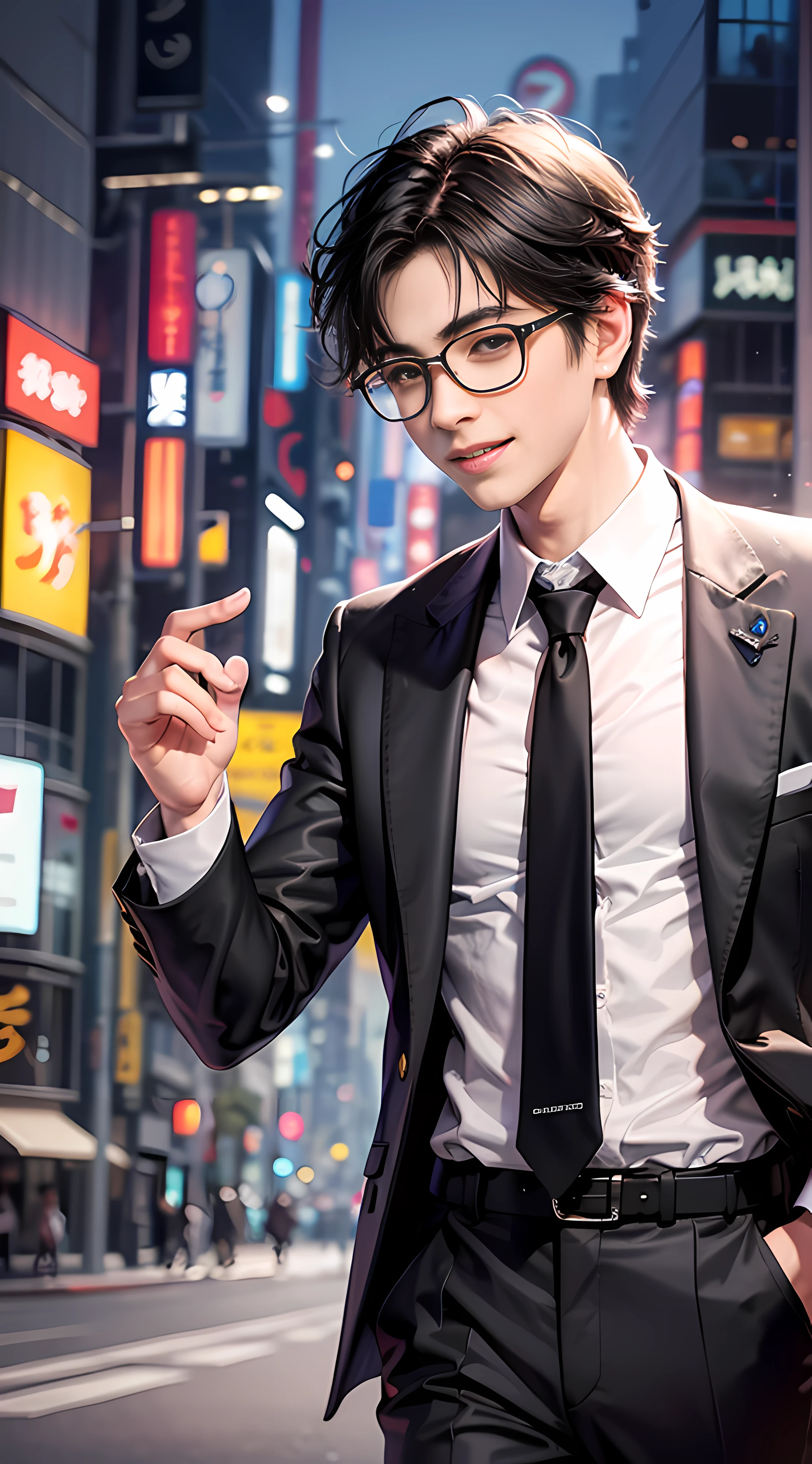 Best quality, 8K, Don't Leak Fingers, 1 Boy, Handsome, Office sporty, bodice, black suit, black hair, glasses, Tokyo city background, smile, no missing teeth, KDA, solo,