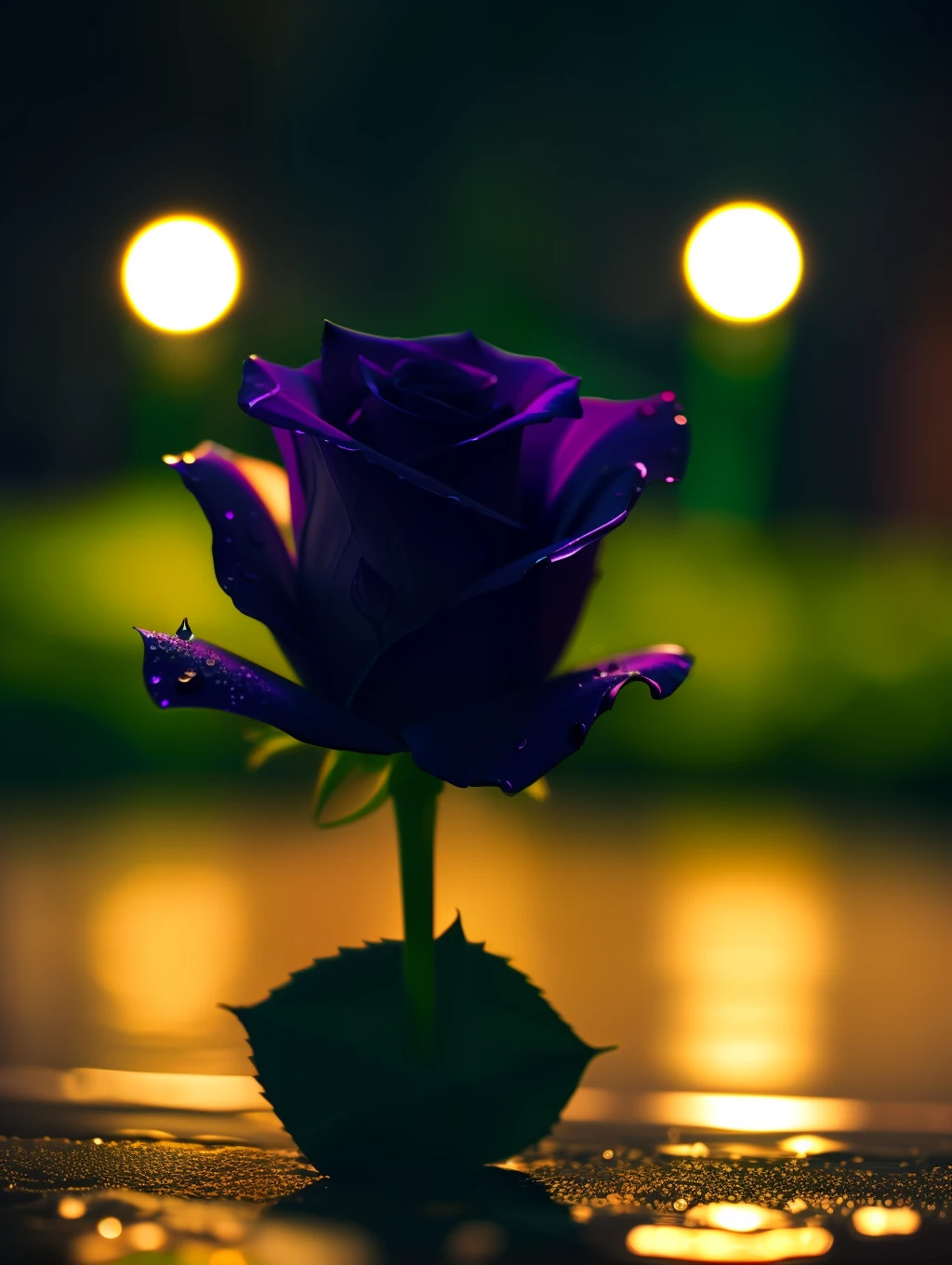 Black Rose, rainy weather, night, low Light, ultra detailed, ultra realistic, Adobe lightroom --auto