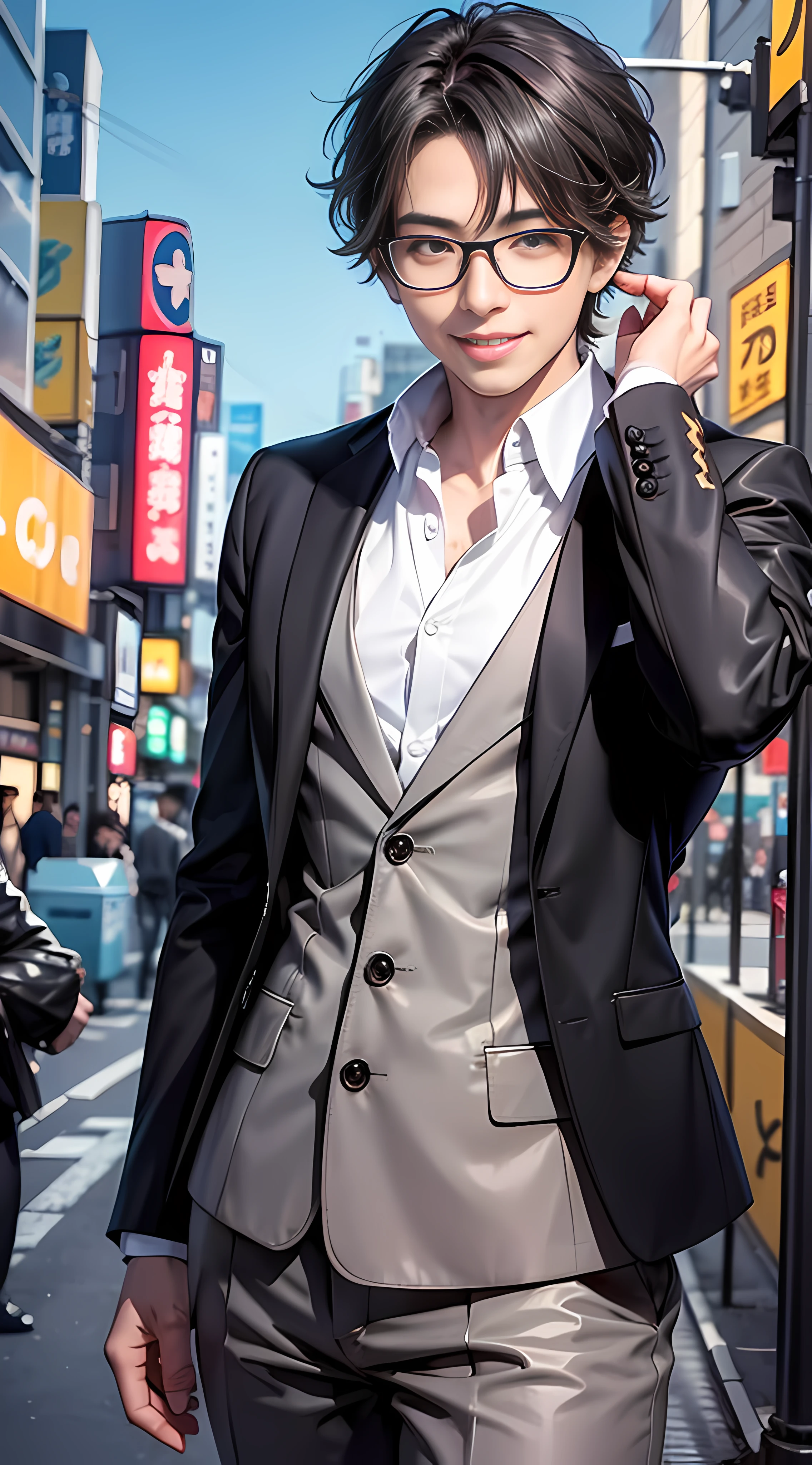 Best quality, 8K, Don't Leak Fingers, 1 Boy, Handsome, Office sporty, bodice, black suit, black hair, glasses, Tokyo city background, smile, no missing teeth, KDA, solo,