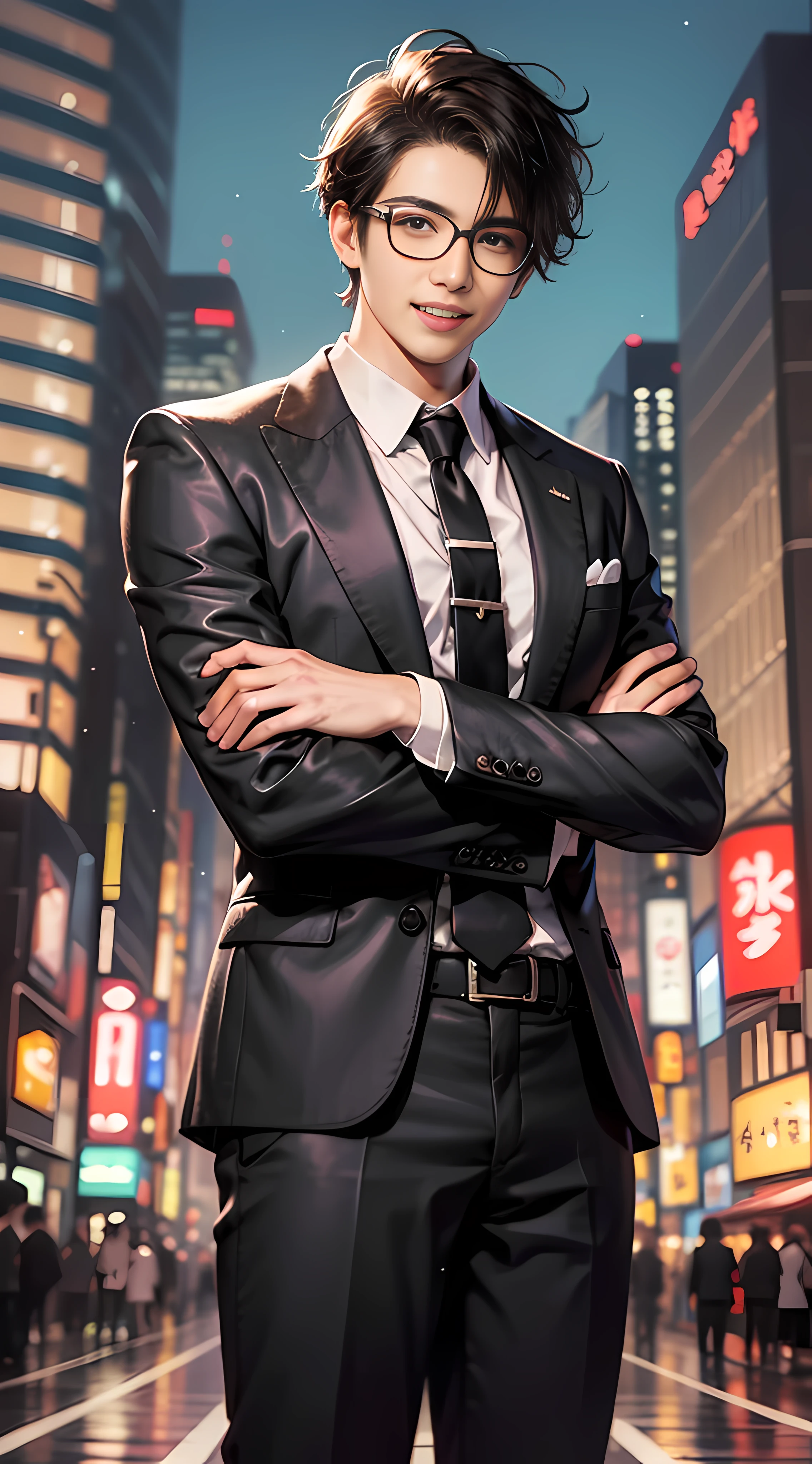 Best quality, 8K, Don't Leak Fingers, 1 Boy, Handsome, Office sporty, bodice, black suit, black hair, glasses, Tokyo city background, smile, no missing teeth, KDA, solo,