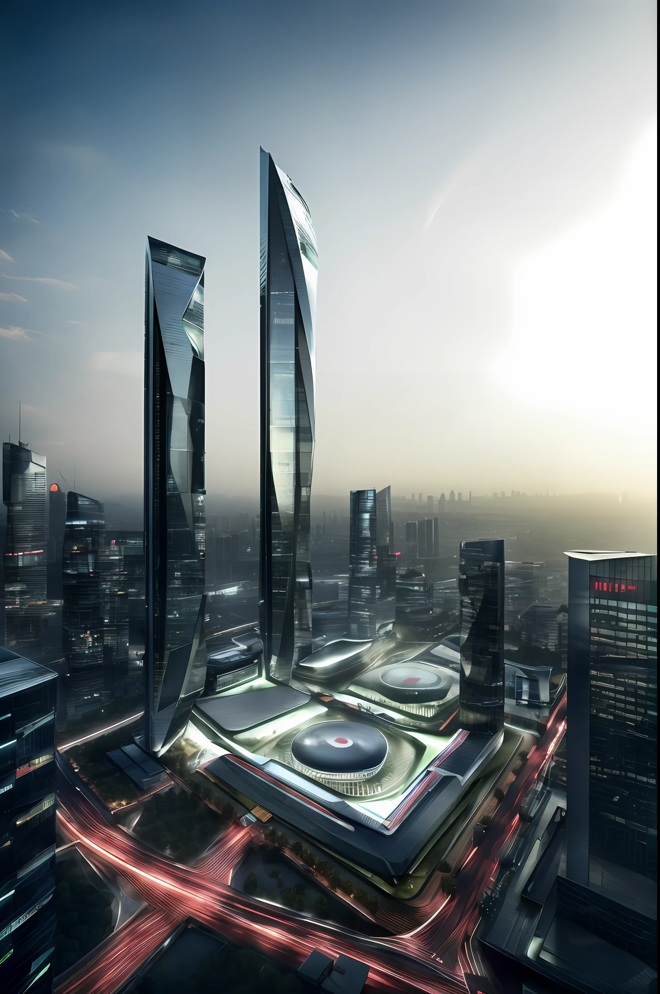 ((masterpiece, best quality)), 8k, modern architecture, photorealism, super detailed photo, clean sky, city building, cyberpunk,