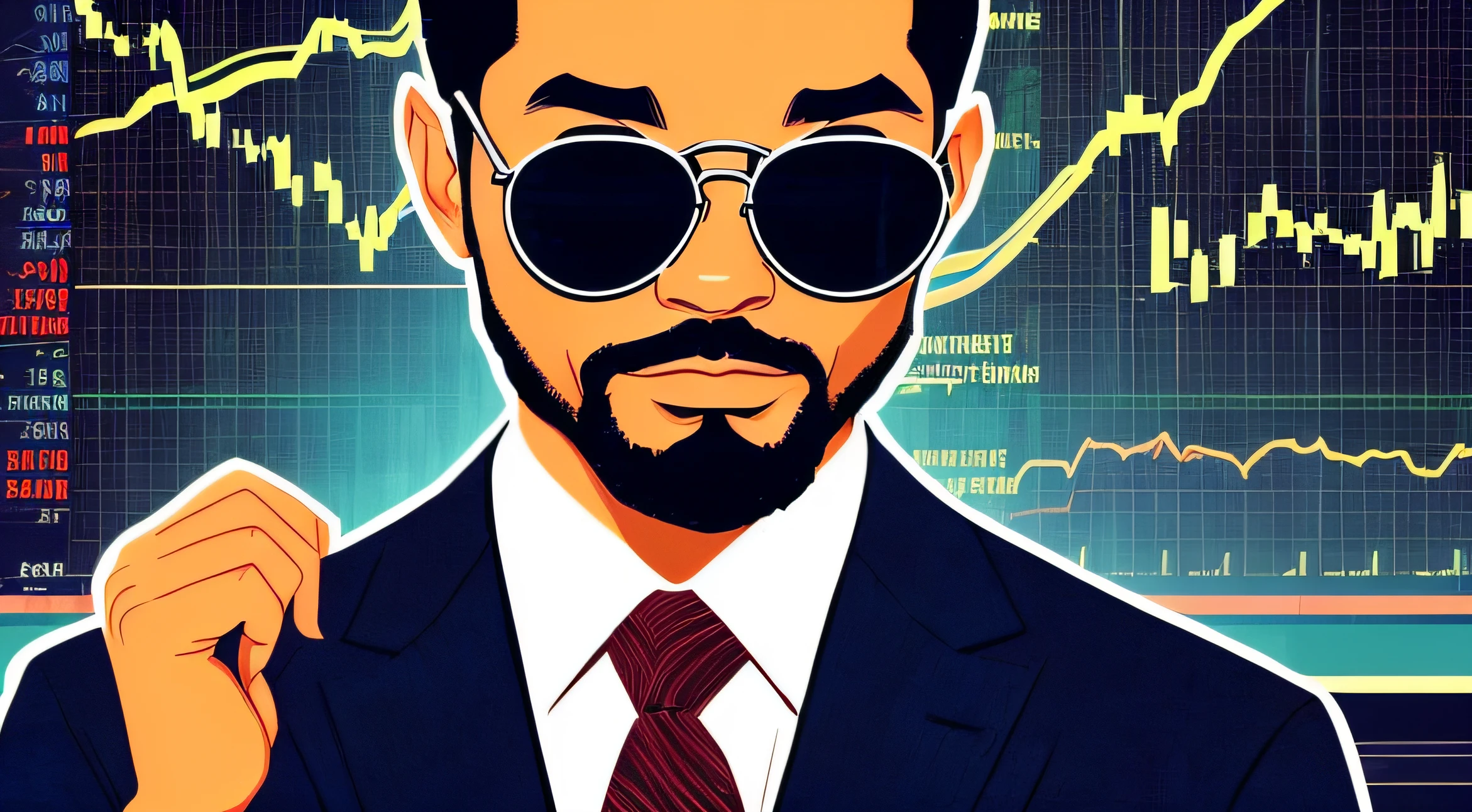 there is a man with a beard and sunglasses wearing a tie, inspired by Barkley Hendricks, album cover, album art, alternate album cover, album cover, promotional art, illustrative!, by Robert Lee Eskridge, high portrait, hip corporate, new album cover, album art cover, serious business, photographic illustration, by William Berra, illustrative, cover illustration stock market chart background, trend in markets, trading, stock trading, markets, traders, hyper bullish --auto