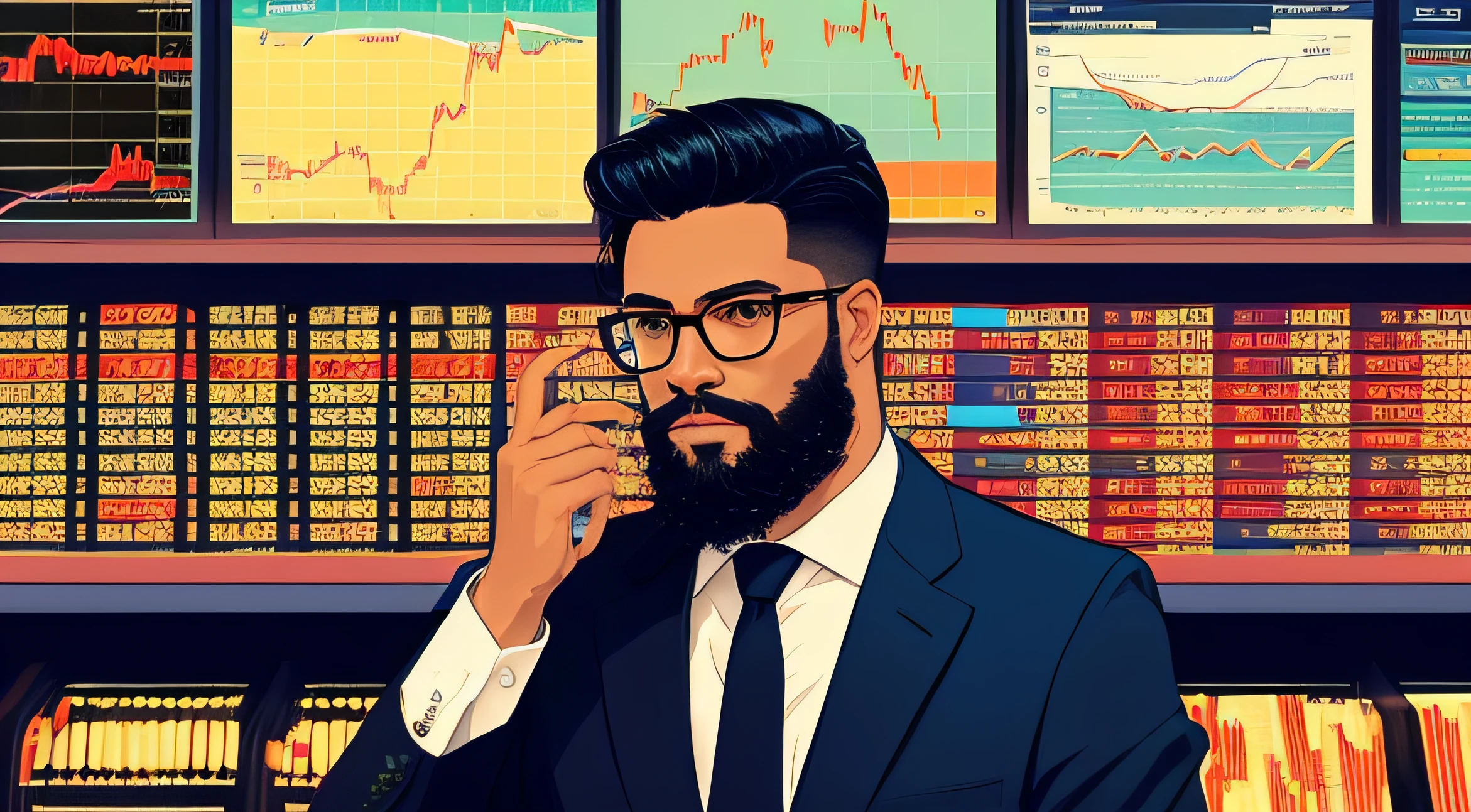 there is a transgender man with beard and glasses wearing tie, inspired by Barkley Hendricks, album cover, album art, alternate album cover, album cover, promotional art, illustrative!, by Robert Lee Eskridge, high portrait, hip corporate, new album cover, album art cover, serious business, photographic illustration, by William Berra, illustrative, cover illustration stock market chart background, trend in markets, trading, stock trading, markets, traders, hyper bullish --auto