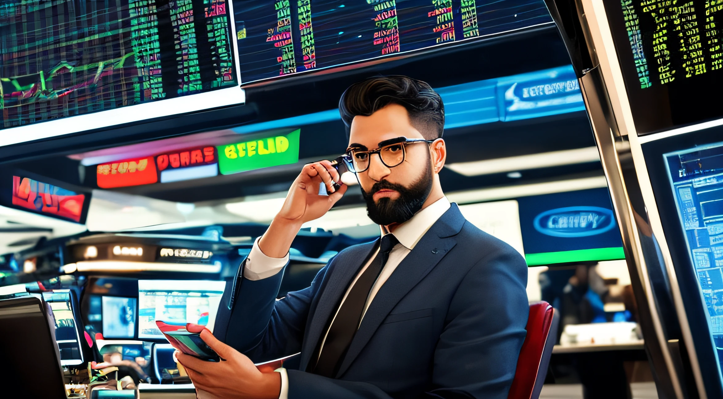 there is a man with beard and glasses wearing tie, inspired by Barkley Hendricks, album cover, album art, alternate album cover, album cover, promotional art, illustrative!, by Robert Lee Eskridge, high portrait, hip corporate, new album cover, album art cover, serious business, photographic illustration, by William Berra, illustrative, background cover illustration of stock market chart,  trend in markets, trading, stock trading, markets, traders, hyper bullish --auto