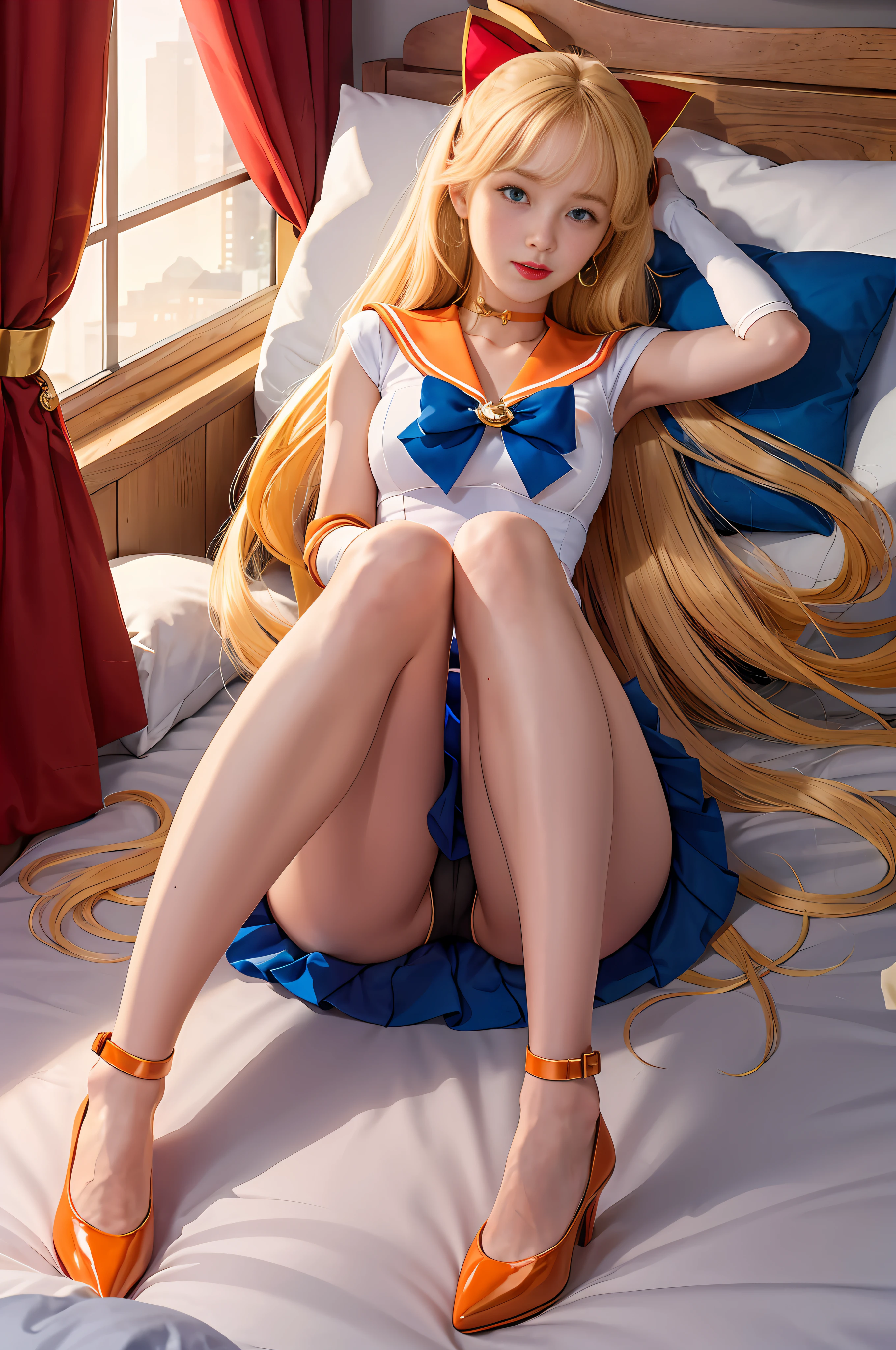 Masterpiece, Best Quality, High Resolution, Venus1, 1Girl, Solo, Sailor Warrior Uniform, Sailor Venus, Minako Aino, Blonde, Magical Girl, Blue Eyes, Orange Skirt, Elbow Gloves, Headgear, Pleated Skirt, Bow, Orange Sailor Collar, Miniskirt, Choker, Red Bow, Orange Choker, White Glove, Extra Long Hair, Jewelry, Earrings, Lying in Bed, Legs Apart, Camel Toes, Hands on the Back of the Head, Black Panties, Orange High Heels, Long Legs, Lace lingerie panties