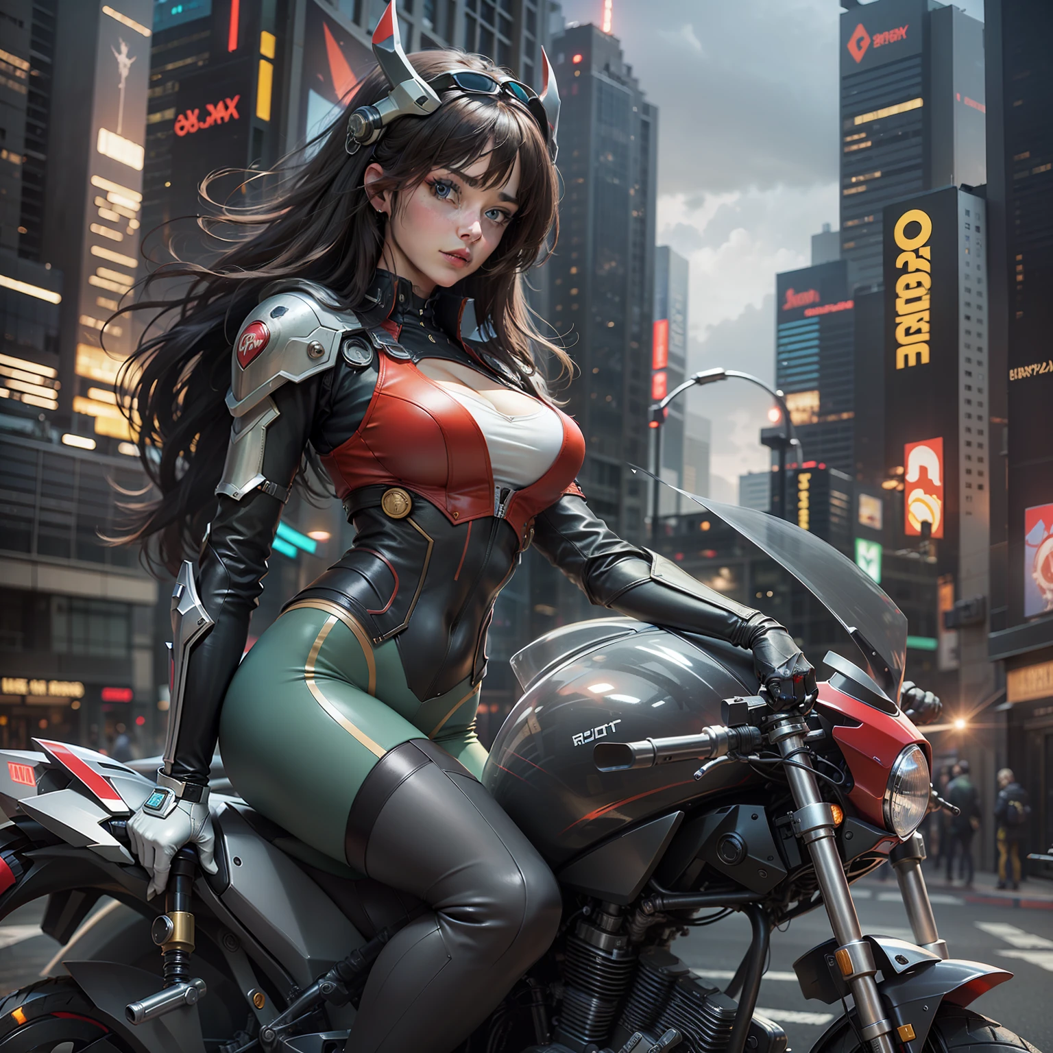 Highest image quality, outstanding details, ultra-high resolution, (fidelity: 1.4), the best illustration, favor details, highly condensed 1girl, with the face of a mature royal sister, dressed in black and red mecha clothes, a lot of mechanical details on the clothes, riding on a sci-fi motorcycle (mechanical details 1.5), the background is the future city center square, high-tech buildings