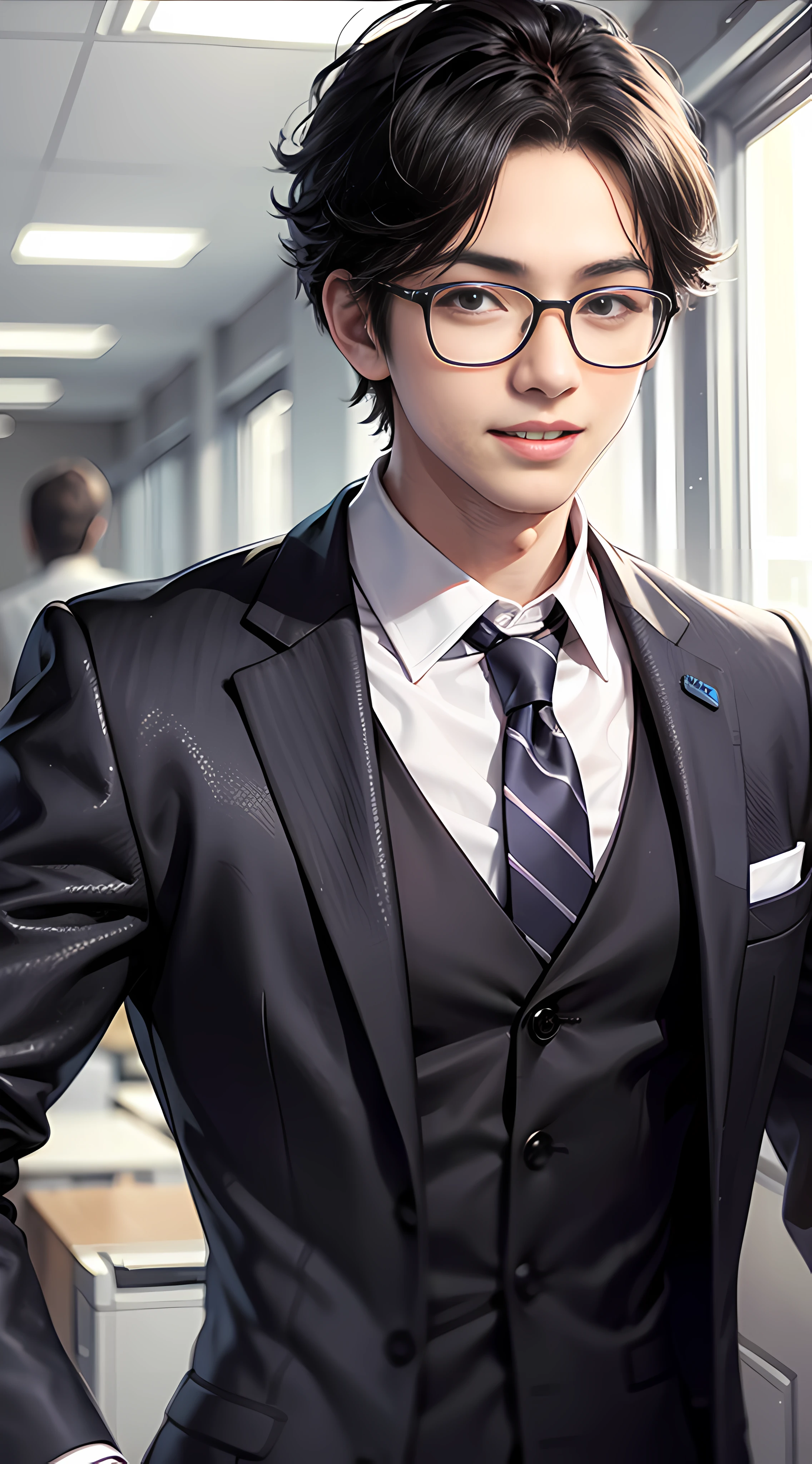 Best quality, 8K, Don't Leak Fingers, 1 Boy, Handsome, Office sporty, bodice, black suit, black hair, glasses, smile, no leaking teeth, KDA, solo,