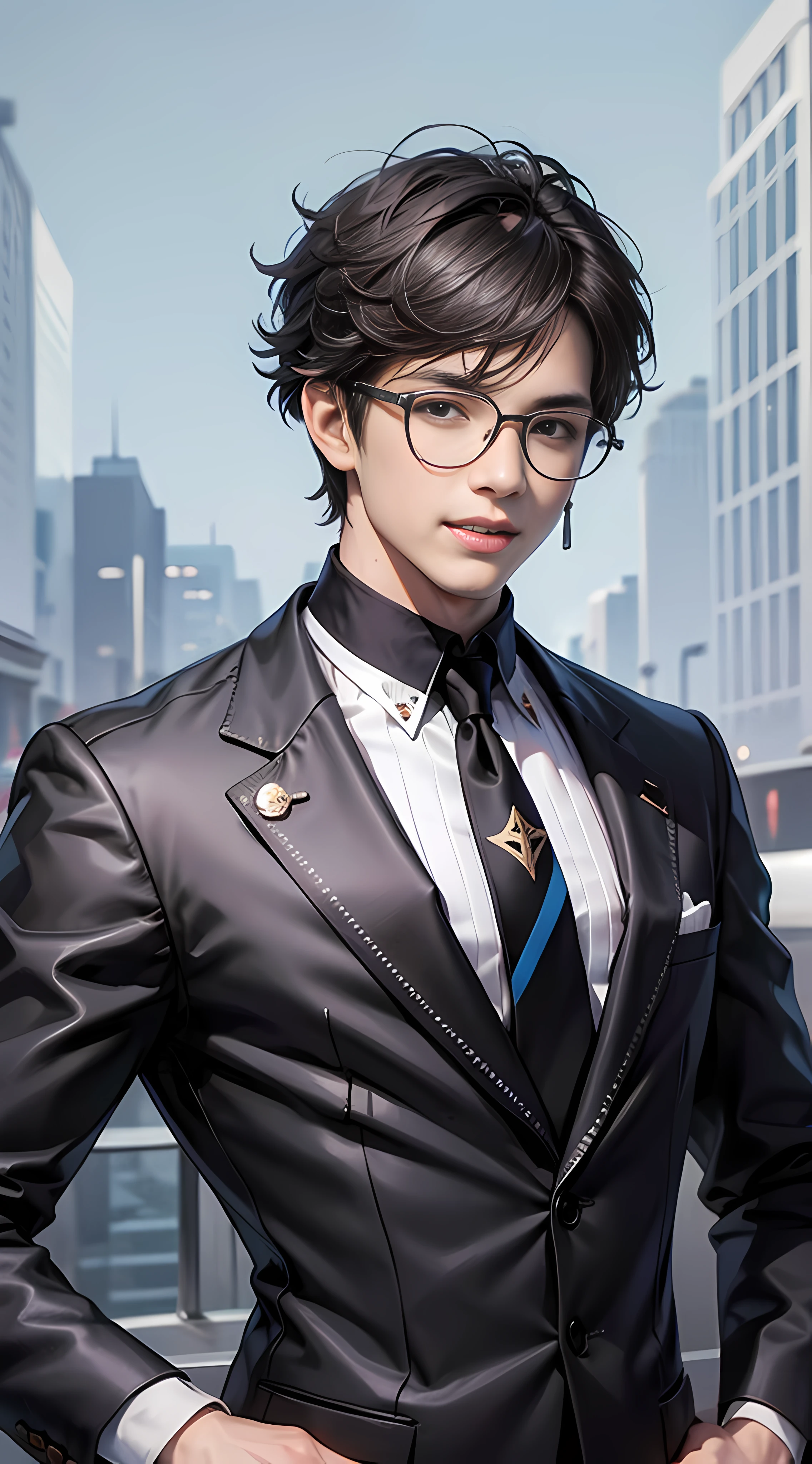 Best quality, 8K, Don't Leak Fingers, 1 Boy, Handsome, Office sporty, bodice, black suit, black hair, glasses, smile, no leaking teeth, KDA, solo,