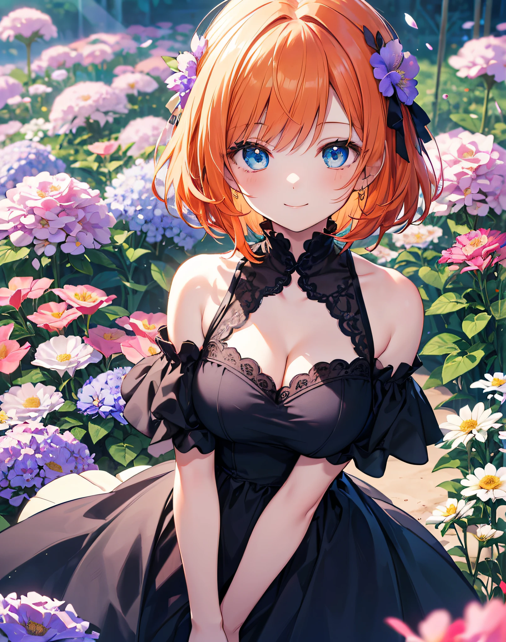 1girl, solo, ((masterpiece)), ((best quality)), look down from above, a cute girl, dress, beautiful orange hair, beautiful blue eyes, ((beautiful eyes)), ribon, ((light smile)),((beautiful flower gardens)),((girl surrounded by flowers)), peeping at viewer, puzzled, cute face, cleavage,