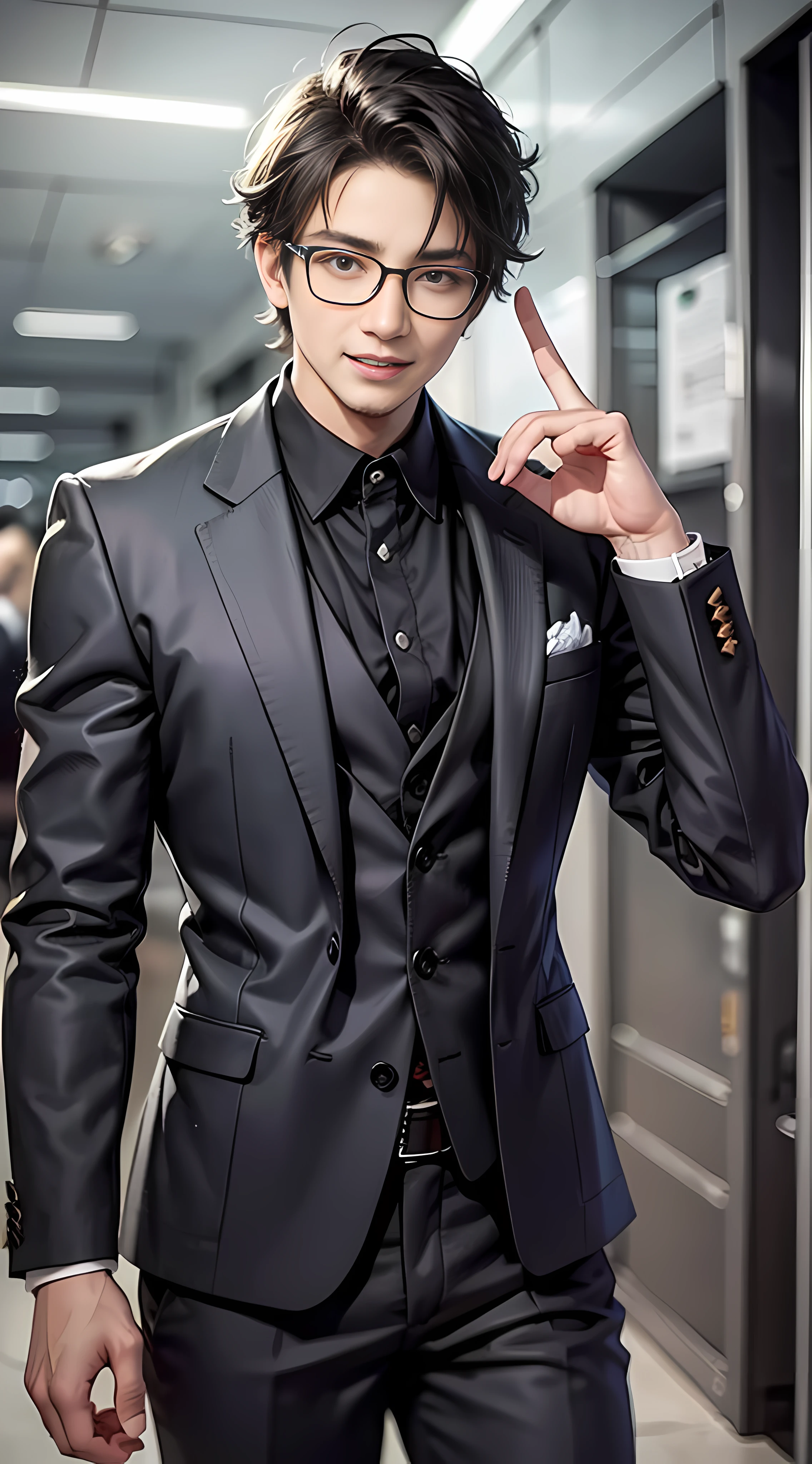 Best quality, 8K, Don't Leak Fingers, 1 Boy, Handsome, Office sporty, bodice, black suit, black hair, glasses, smile, no leaking teeth, KDA, solo,