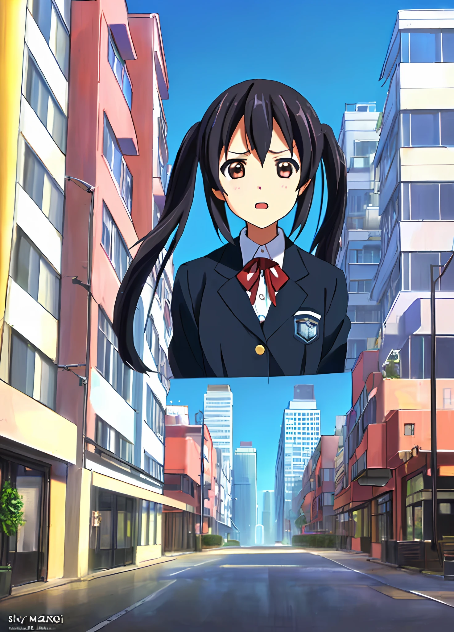 1girl, ((((Masterpiece))), Top Quality, Best Quality, High Detail, Azusa Nakano, 1girl, Sakuragaoka High School Uniform, Musical Instrument, School Uniform, Twin Tails, Long Hair, Black Hair, Brown Eyes, Solo, Red, Dark blue Blazer with Red Thin Ribbon, Solid White Button Shirt Under Blazer, Fu Illustration, Cartoon, Soothing tones, Muted Colors, Soft cinematic light, Adobe Light Room, Photolab, HDR, complex and highly detailed, ((depth of field))))). (((Masterpiece))). (((highest quality))).) ((super detail))). (((Illustration))). (((Outside))). (((fighting stance))).,((((Giantization))).dynamic focus.small breasts. (((skyscrapers))). (((Cityscape))). (((Face of sadness))). open mouth.