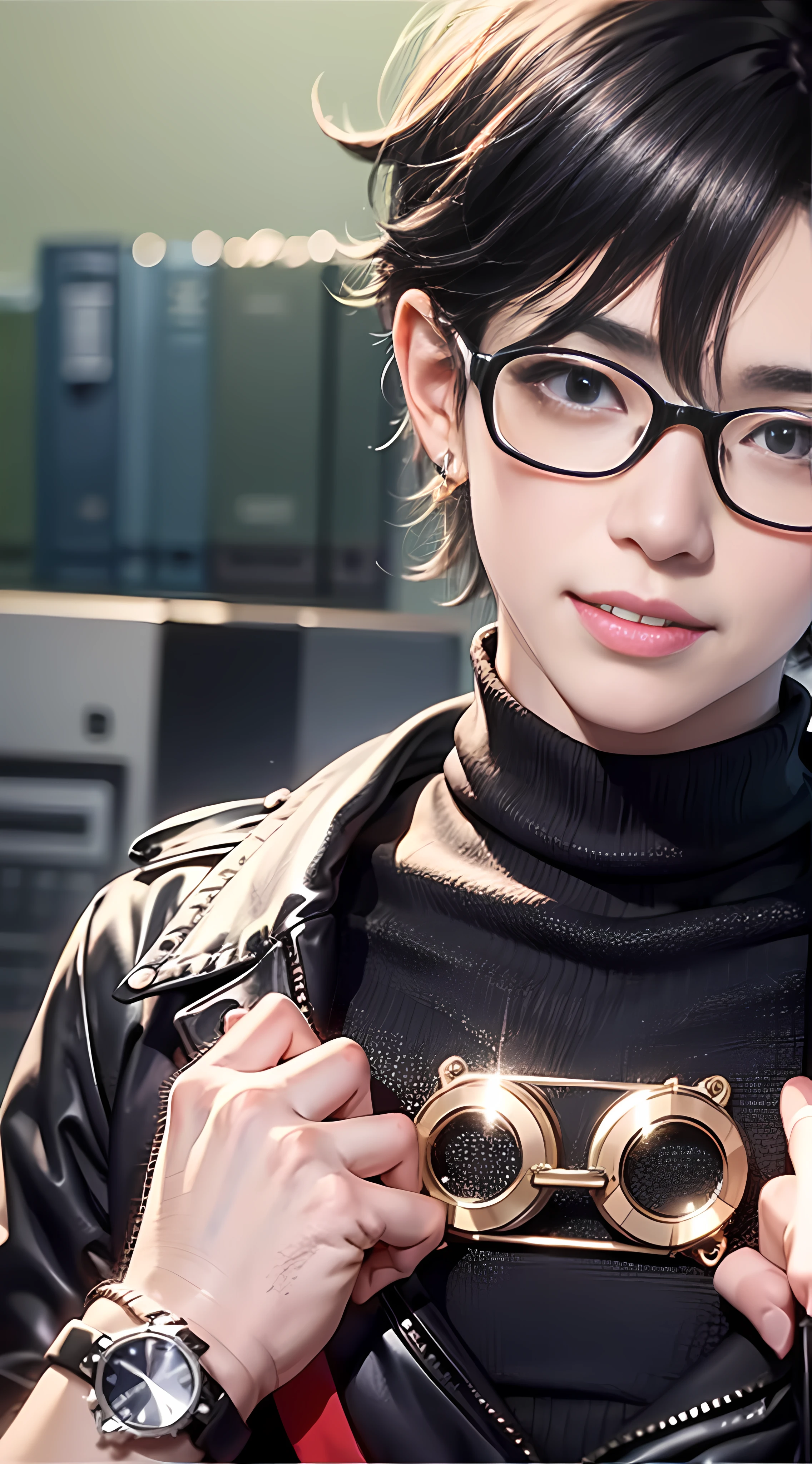 Best quality, 8K, don't miss fingers, 1 boy, handsome, office, sporty, bodice, watch, black turtleneck, black hair, glasses, smile, no leaky teeth, KDA, solo,