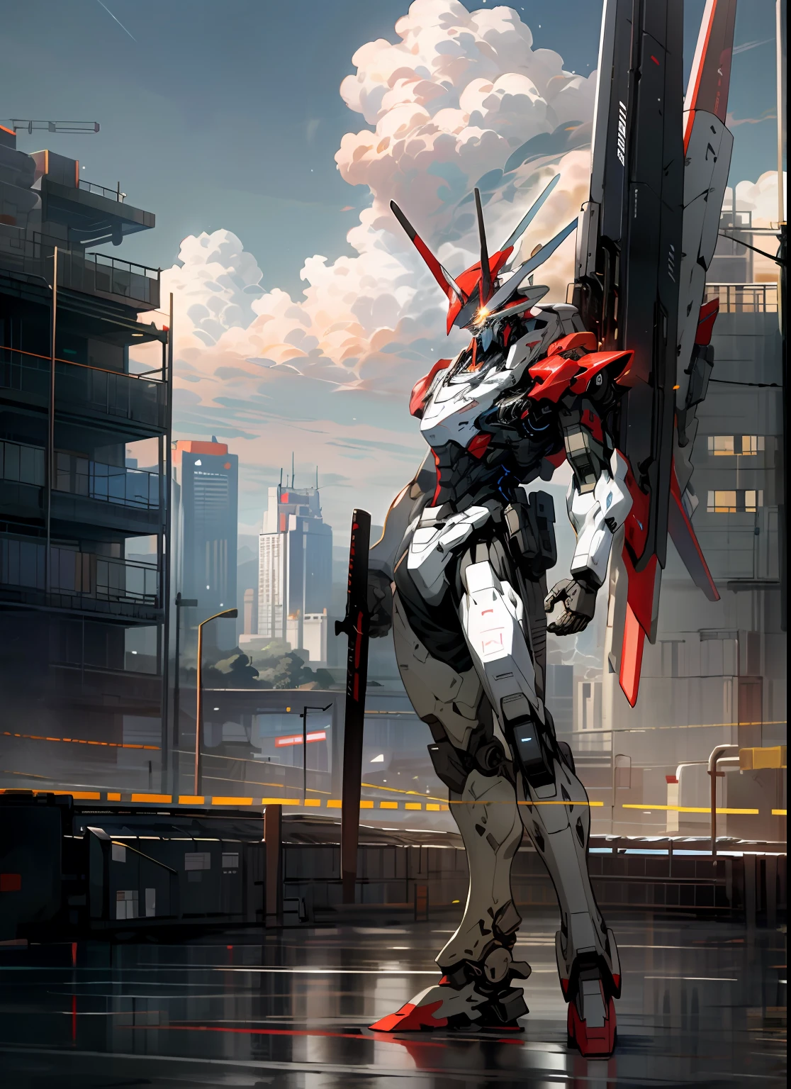 sky, cloud, holding_weapon, no_humans, glowing, , robot, building, glowing_eyes, mecha, science_fiction, city, realistic, mecha, blue body, red nose, stocky figure, limbs are white, have bells on their necks,