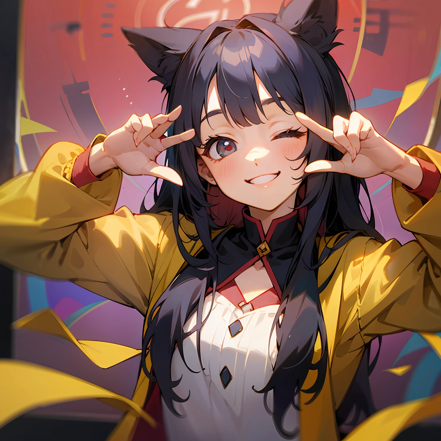 Long shot, cute girl smile, eyes closed, red face, hands in front of her palms up, fingers open