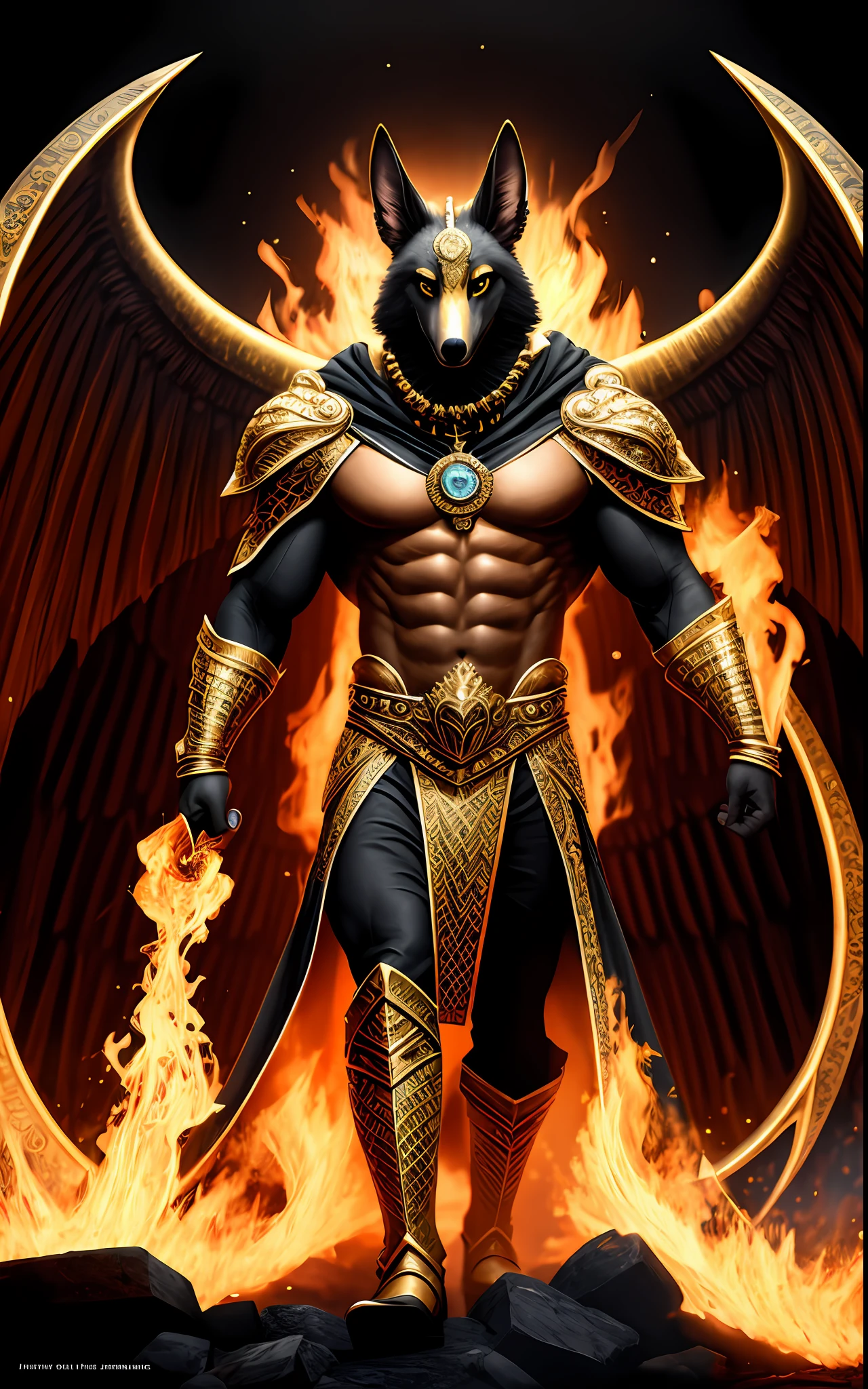 (high quality), photorealistic, (oil painting)
jewelry, (solo),
(dynamic pose), towards right, ((hell gate)), fire, hell landscape, (the underworld), (dark landscape),
anubis, egyptian jackal headed god, anthro, muscular, (holding golden scales), dynamic pose, cinematic, dramatic camera angle, golden armor:0.25, black & gold cape, (good anatomy), (good proportions), award winning, masterpiece, centered,