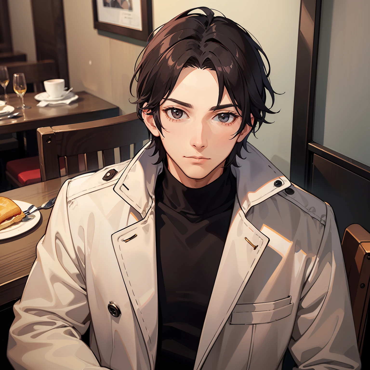 (A man in a casual coat 1.4)
(1.5 in fancy restaurants)
(shows upper body 1.3)