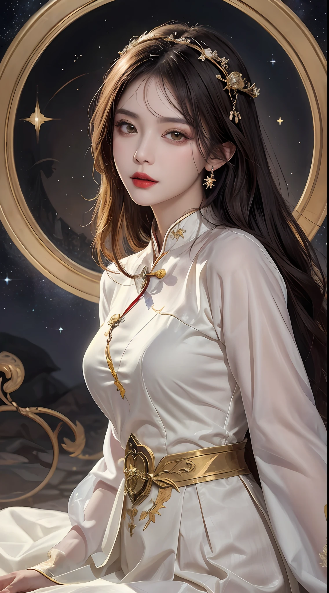 1 27-year-old girl, 1 zodiac goddess from the future, goddess of the pink and purple 12 zodiacs, the goddess of the zodiac in a yellow ao dai, a 12 zodiac ao dai with many black lace detail, mythology Goddess of the 12 zodiacs from the future, zodiac ♏, luxurious glittering zodiac style, dark and mysterious version, zodiac crown, lipstick lips red, thin and beautiful lips, Smile makes viewers fall in love, characters made by karol bak and pino daeni, intricate detail, detailed background, extremely detailed, light magic, a woman, clear face, look at the face of goddess zodialook at the zodiac goddess face, hair long with bangs, beautiful face in detail and well-proportioned eyes, (transparent yellow eyes: 1.8), big round eyes and very beautiful and detailed makeup, foresight, silk dress, mysterious makeup, double bangs and dyed light blonde, uper body, zodiac goddess uper body, arms hanging loosely, Realistic and vivid photo, (stars make up the zodiac: 1.7), (sky background zodiac and fictitious space and time portal: 1.8), fiction art, RAW photo, hanfu picture, best photo, best photo quality, 8k quality, 8k ultra, super realistic, real photo most economical, artistic portrait of goddess zodiac,