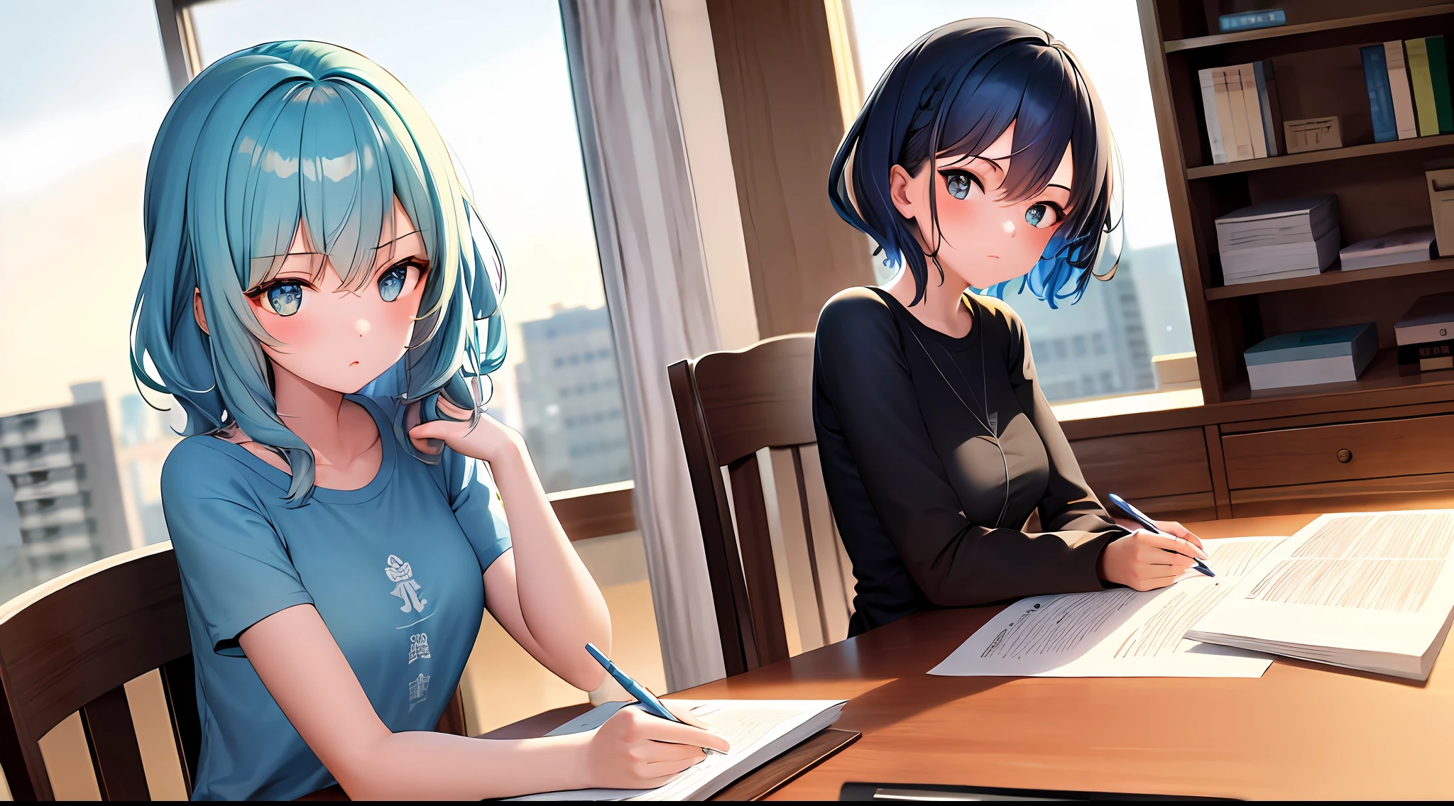 masterpiece, best quality, high resolution, one girl, loose t-shirt, girl sitting on chair studying drafting at desk, horizontal angle, serious study, paperwork, good luck studying, drafting, cute, pretty light blue hair, architect sleepy