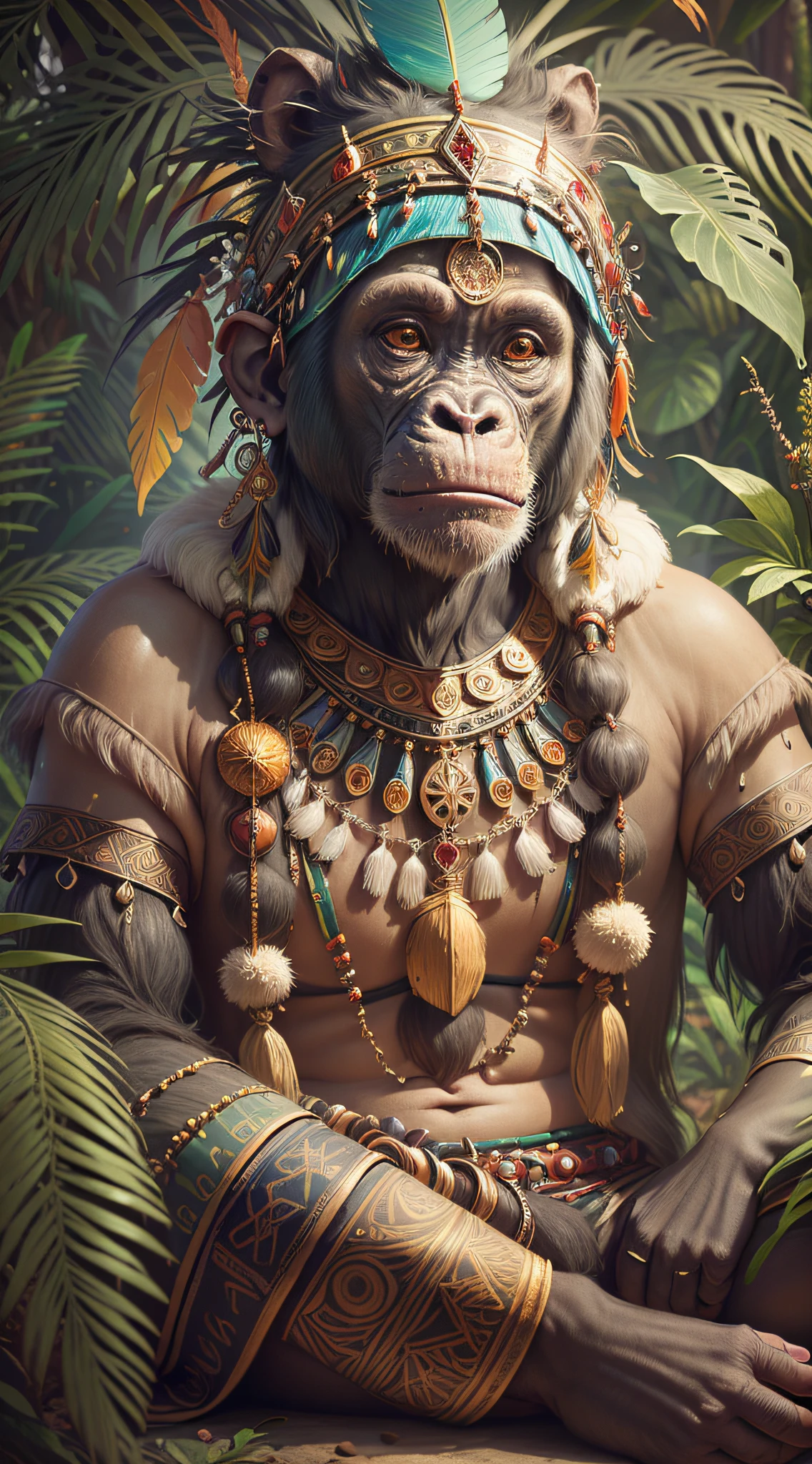 Chimpanzee with headdress ((Shaman)),((meditative state),,Shaman, elegant chimpanzee, hair with details, with Indian headdress on head, ((meditating)) many colorful feathers, colorful feathers, facing the camera, detail: dense tropical foliage, highly detailed intricate, ((masterpiece)), ultra hyperrealistic, masterpiece