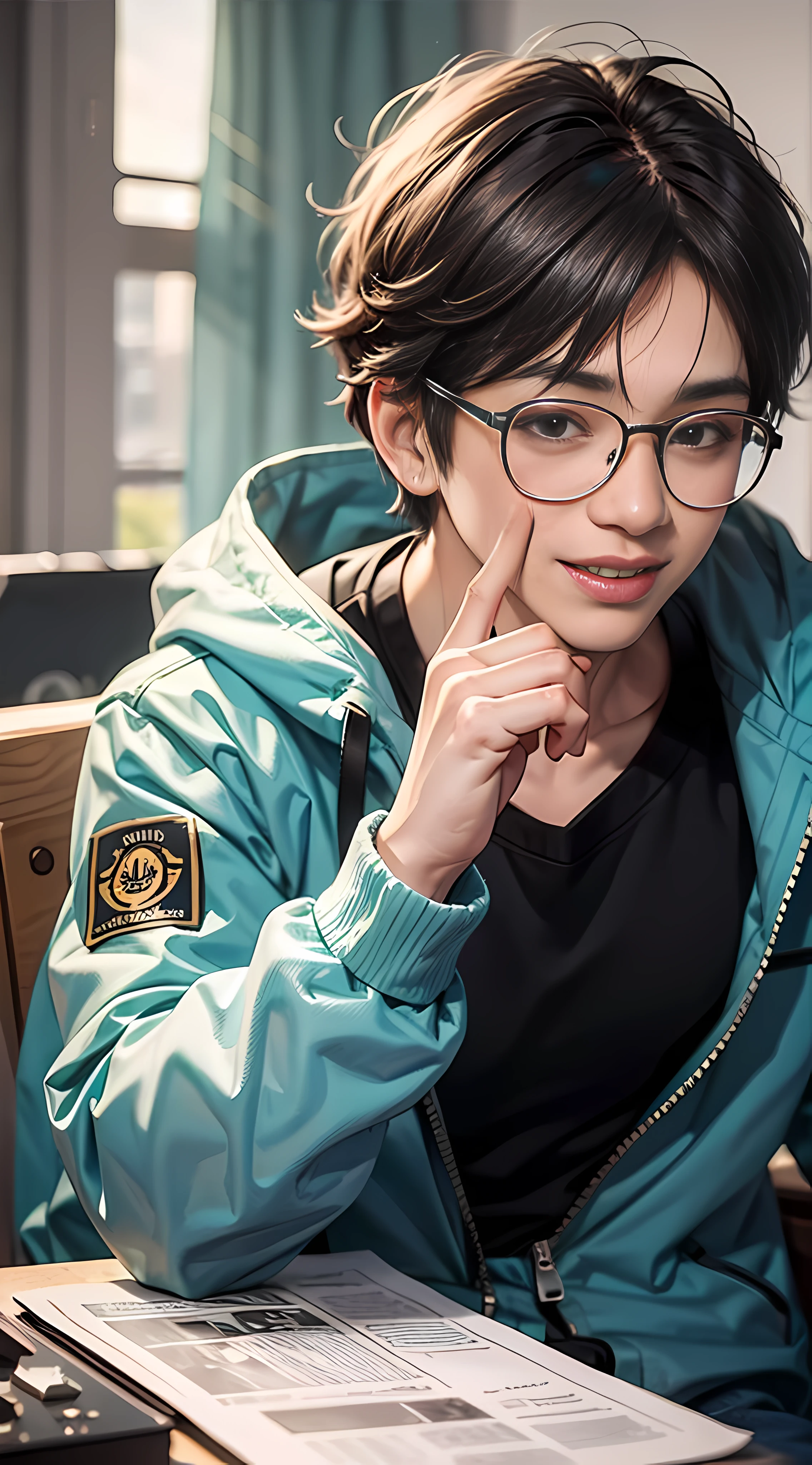 Best quality, 8K, Don't Leak Fingers, 1 Boy, Handsome, Office, Sporty, Upper body, Blue jacket, Black hair, Glasses, Smile, No Leak Teeth, KDA, Solo,