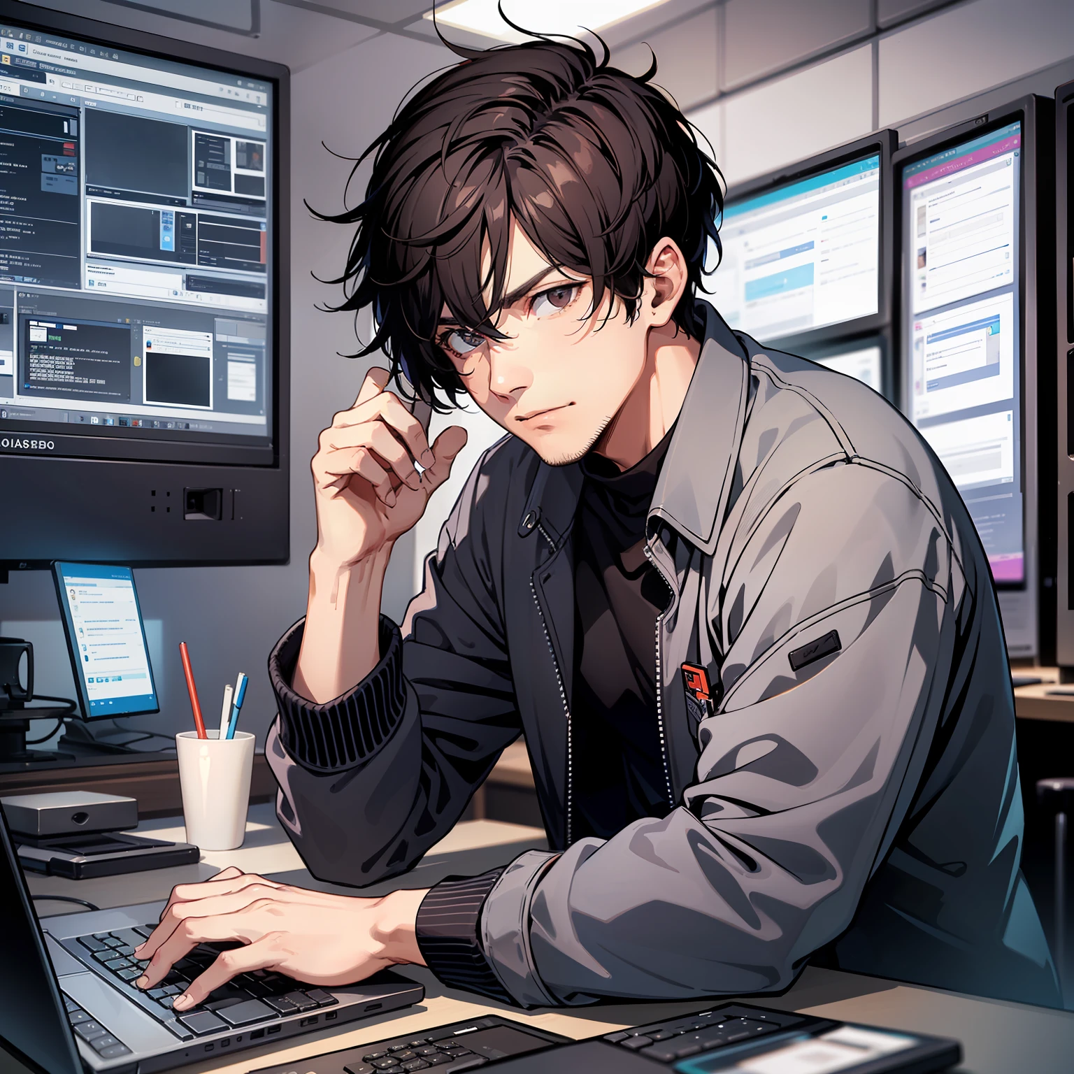 (A man in a casual coat 1.4)
(in writing program 1.5)
(shows upper body 1.3)
(Display computer screen 1.3)