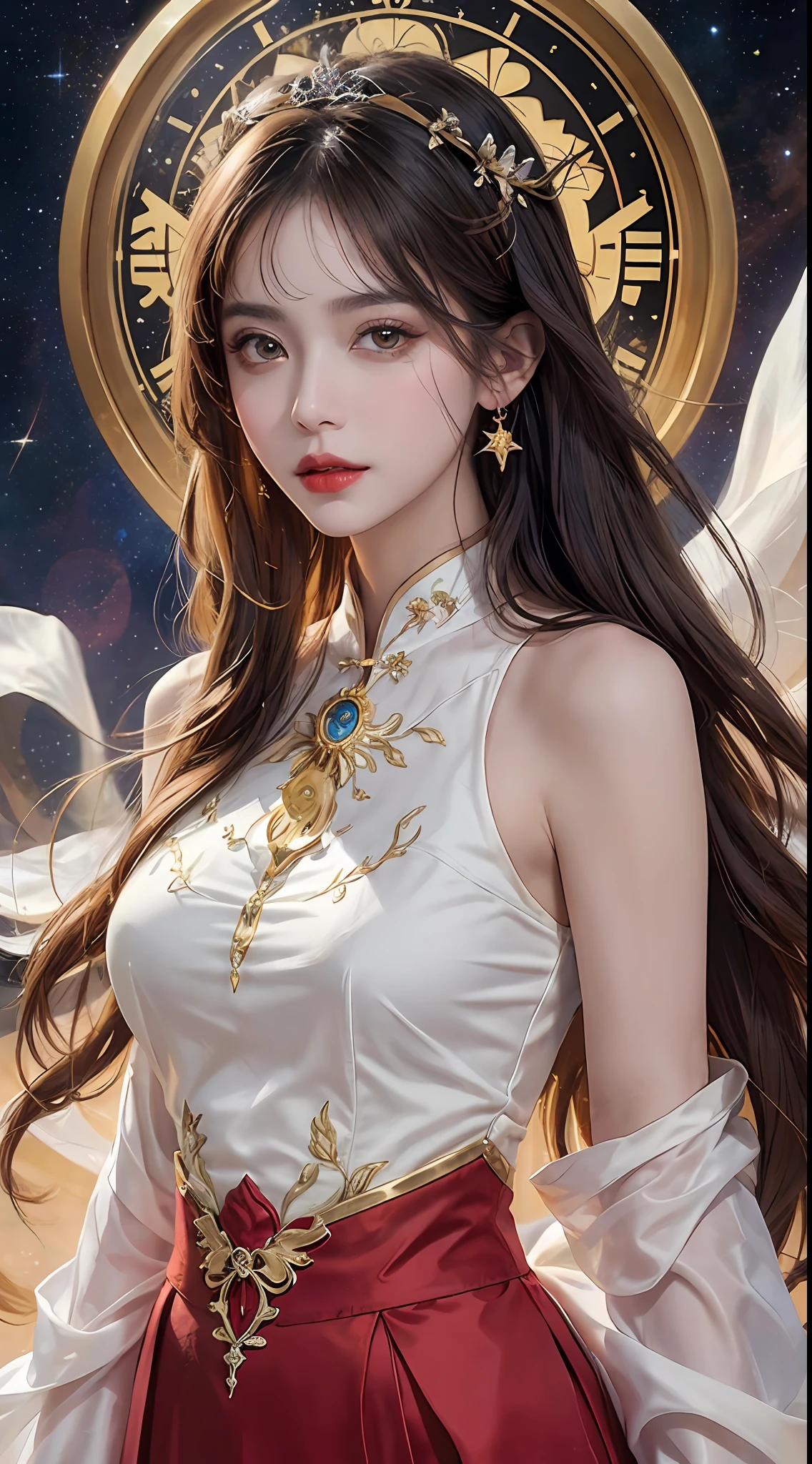1 27-year-old girl, 1 zodiac goddess from the future, goddess of the pink and purple 12 zodiacs, the goddess of the zodiac in a yellow ao dai, a 12 zodiac ao dai with many black lace detail, mythology Goddess of the 12 zodiacs from the future, zodiac ♏, luxurious glittering zodiac style, dark and mysterious version, zodiac crown, lipstick lips red, thin and beautiful lips, Smile makes viewers fall in love, characters made by karol bak and pino daeni, intricate detail, detailed background, extremely detailed, light magic, a woman, clear face, look at the face of goddess zodialook at the zodiac goddess face, hair long with bangs, beautiful face in detail and well-proportioned eyes, (transparent yellow eyes: 1.8), big round eyes and very beautiful and detailed makeup, foresight, silk dress, mysterious makeup, double bangs and dyed light blonde, uper body, zodiac goddess uper body, arms hanging loosely, Realistic and vivid photo, (stars make up the zodiac: 1.7), (sky background zodiac and fictitious space and time portal: 1.8), fiction art, RAW photo, hanfu picture, best photo, best photo quality, 8k quality, 8k ultra, super realistic, real photo most economical, artistic portrait of goddess zodiac,