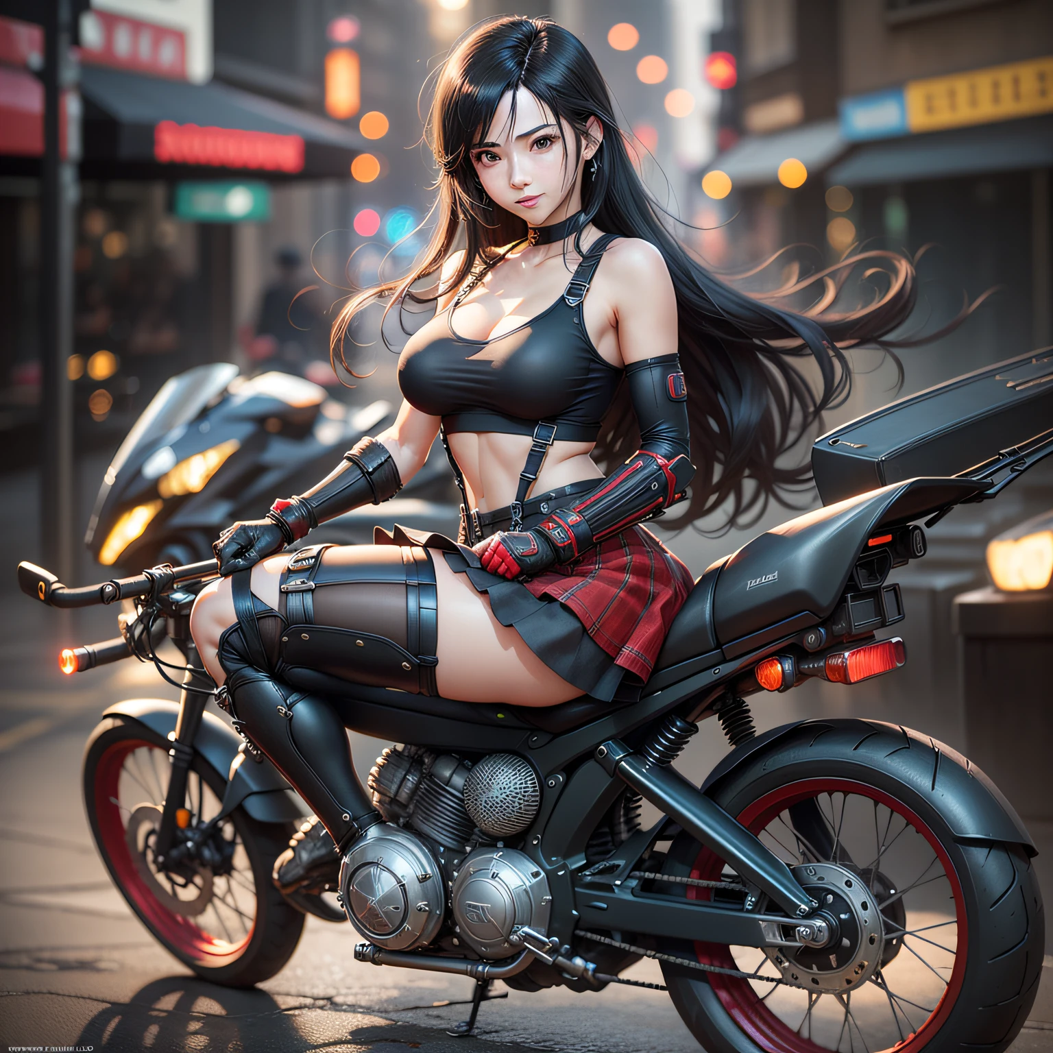 Highest image quality, outstanding details, ultra-high resolution, (fidelity: 1.4), the best illustration, favor details, highly condensed 1girl, with the face of a mature royal sister, dressed in black and red mecha clothes, a lot of mechanical details on the clothes, riding on a sci-fi motorcycle (mechanical details 1.5), the background is the future city center square, high-tech buildings