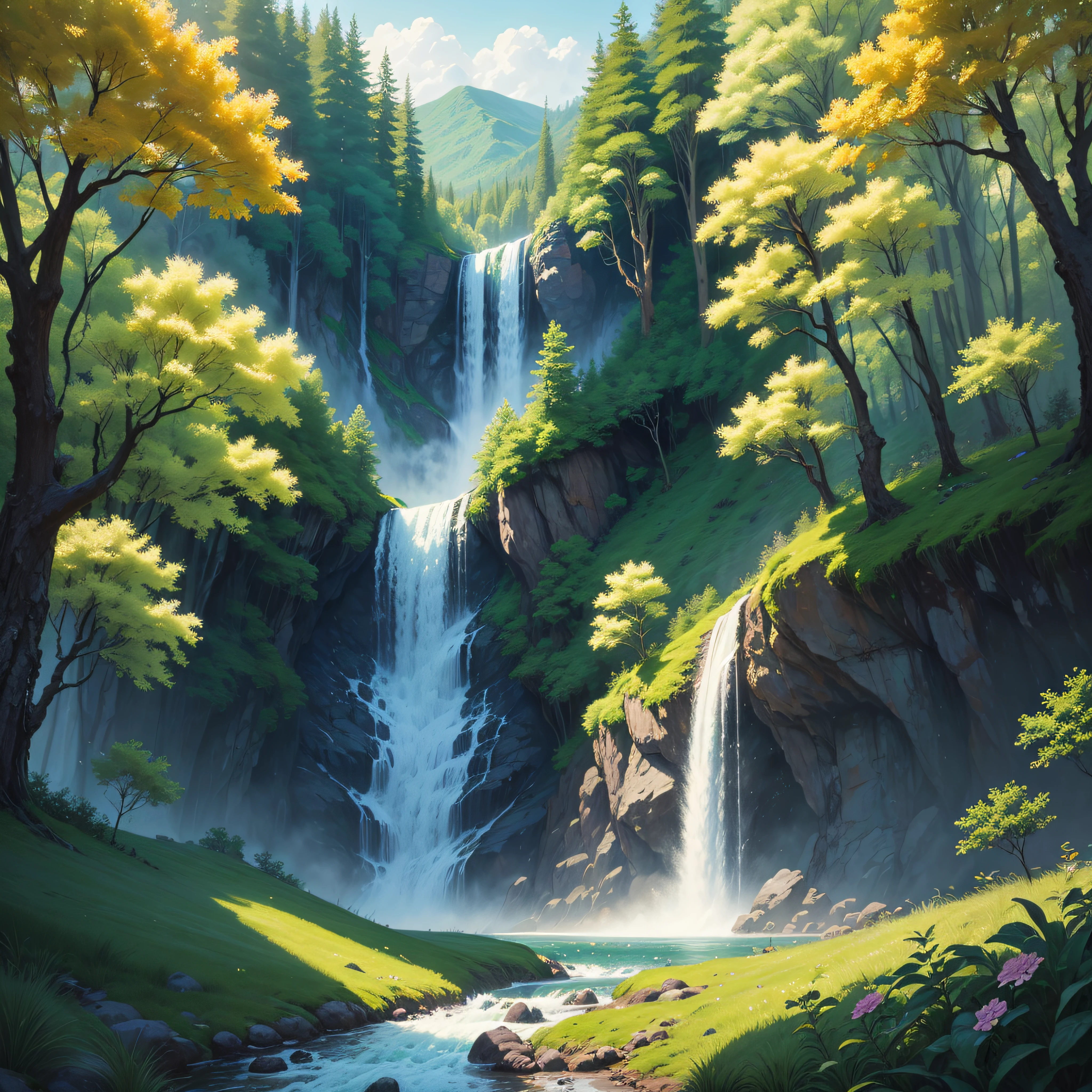painting of a waterfall in a forest with flowers and trees, flowers and waterfalls, forest and waterfall, beautiful art uhd 4 k, peaceful beautiful waterfall, anime nature, magical landscape, stunning waterfall, detailed painting 4 k, 8k stunning artwork, beautiful dreamy breathtaking, with trees and waterfalls, beautiful stunning waterfall, amazing landscape, beautiful waterfall, waterfall(beautiful --auto