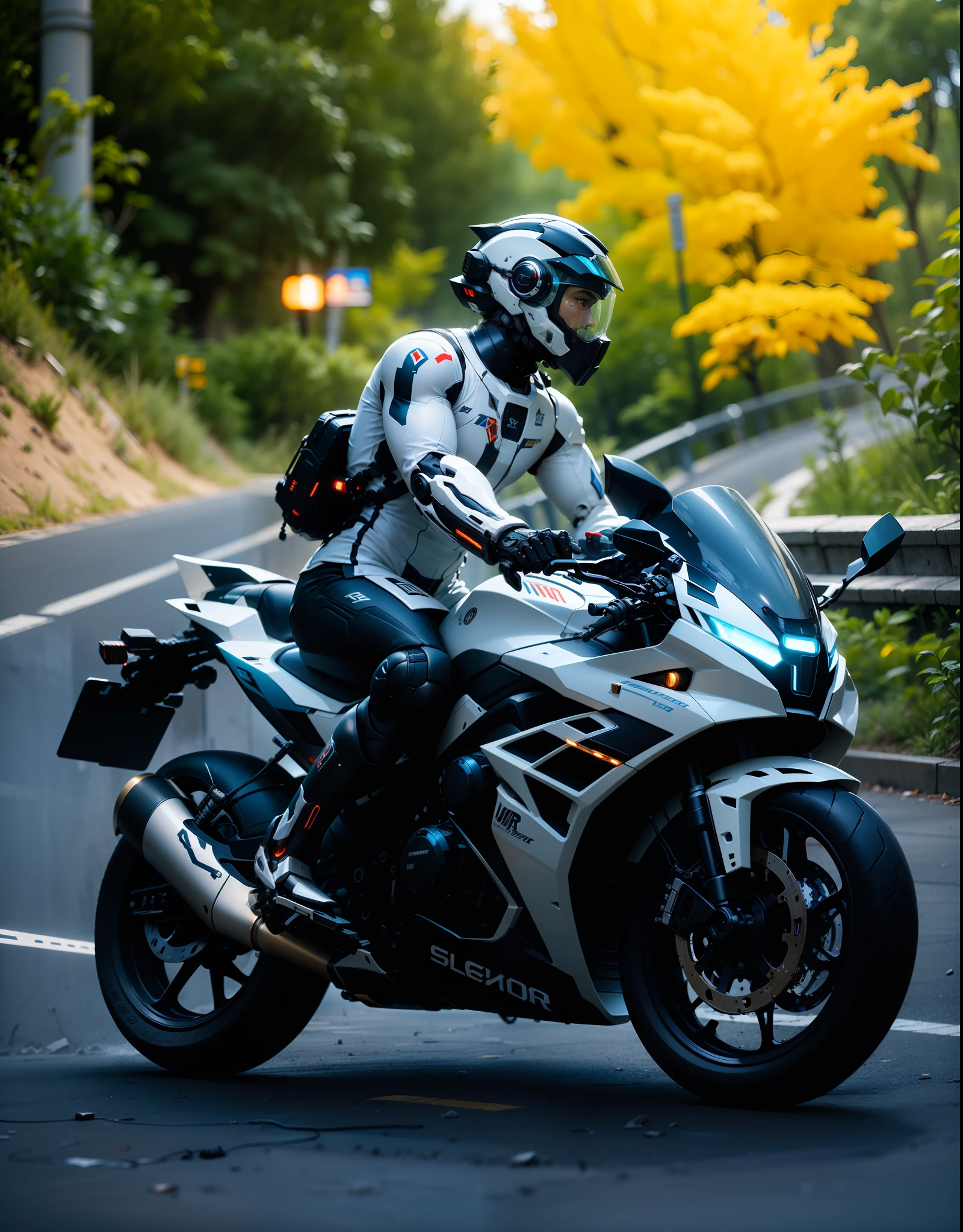 Handsome full body black mecha white short hair cyber handsome warrior, black cyber mechanical motorcycle, high-tech black full surround helmet, white short hair, Nousr, biomechanics, MSHN robot man, high-tech helmet, surreal, steel, complex design, crazy details, fine details, extremely clear lines, cinematic lighting, photo realism, detailed masterpiece