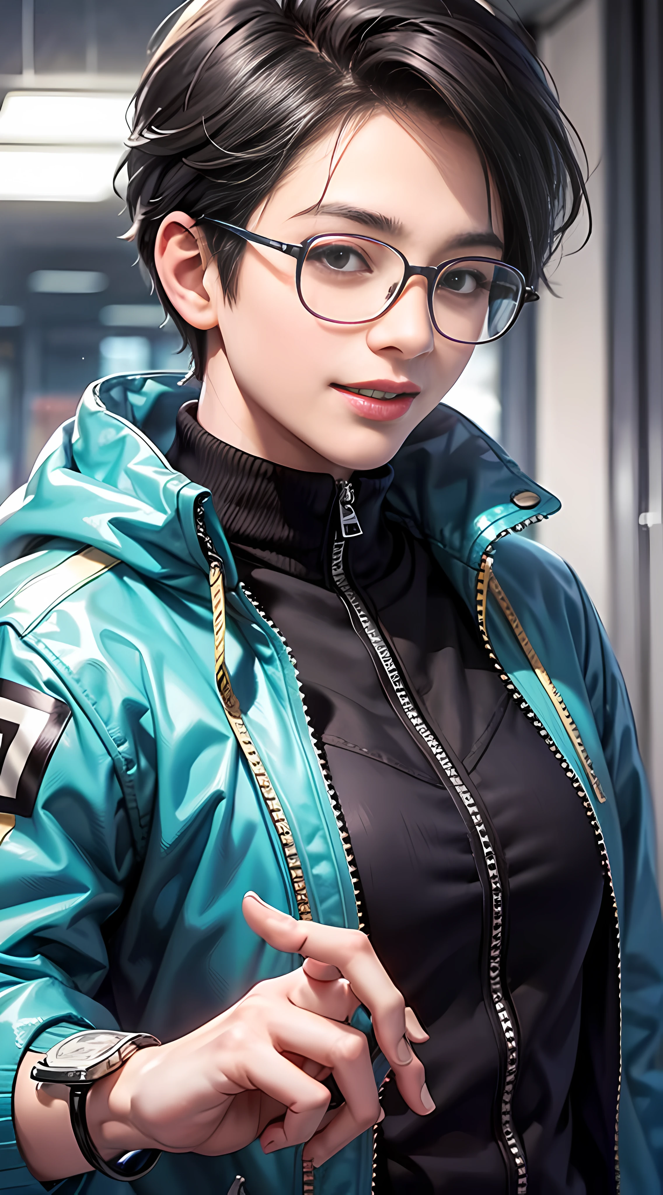Best quality, 8K, Don't Leak Fingers, 1 Boy, Handsome, Office, Sporty, Upper body, Blue jacket, Black hair, Glasses, Smile, No Leak Teeth, KDA, Solo,